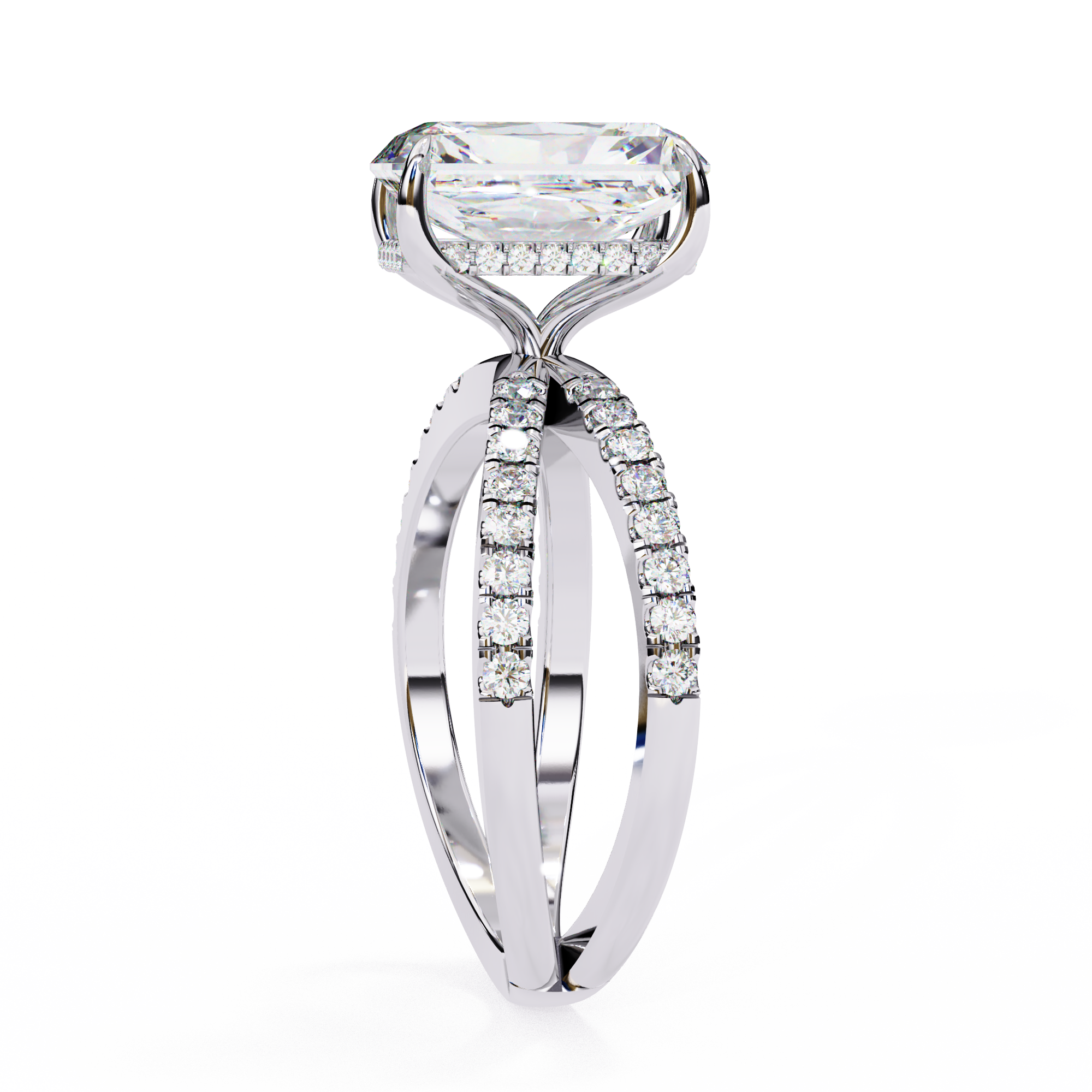 Diamond ring with a large central stone and smaller stones on the band against a white background