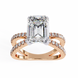 Rose gold ring with emerald-cut diamond and smaller diamonds on a white background