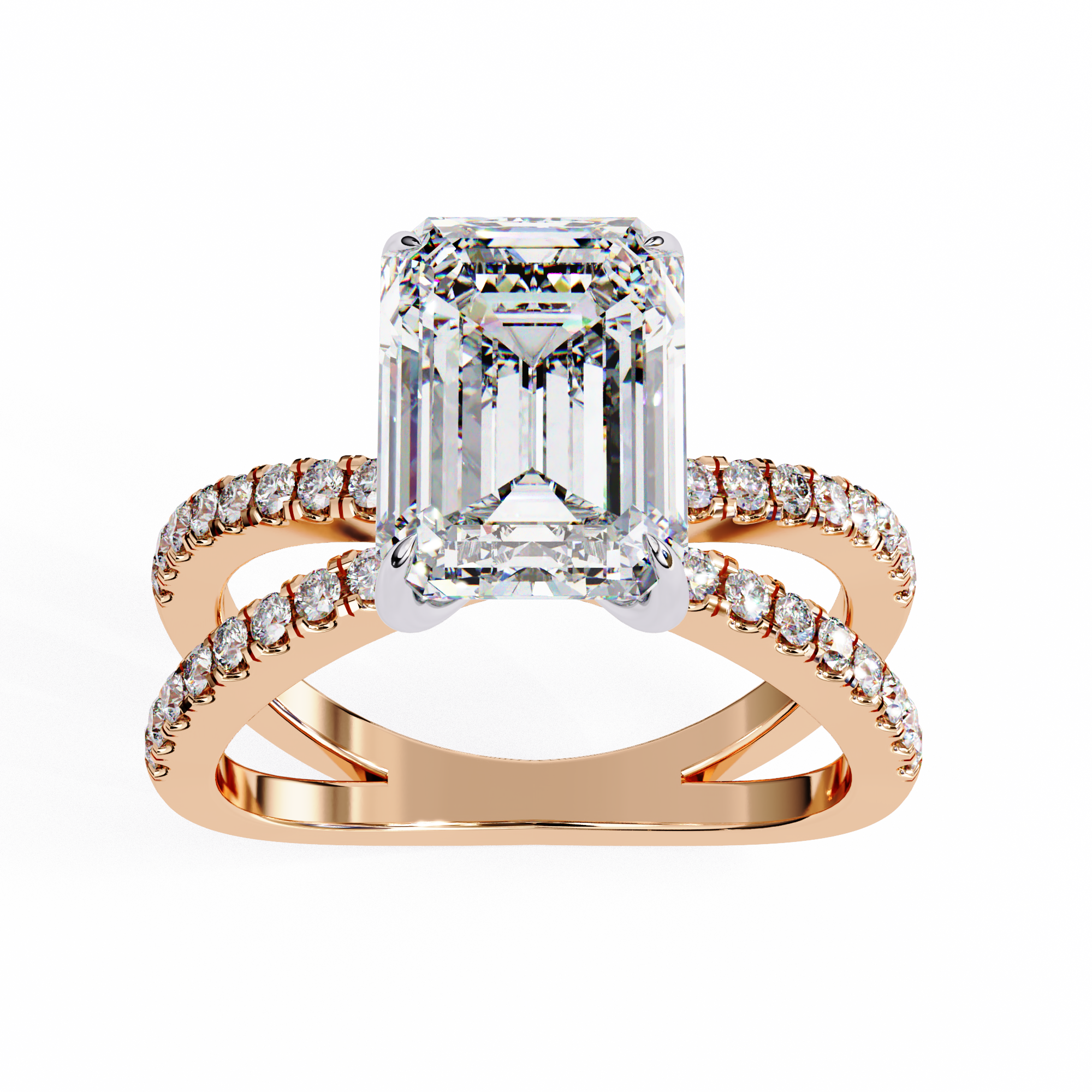 Rose gold ring with emerald-cut diamond and smaller diamonds on a white background