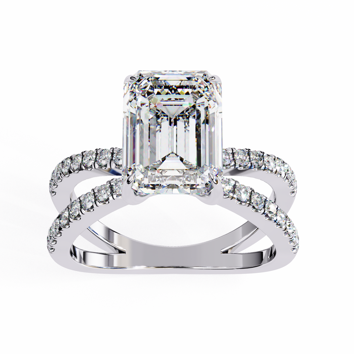 Diamond ring with a rectangular center stone on a white background