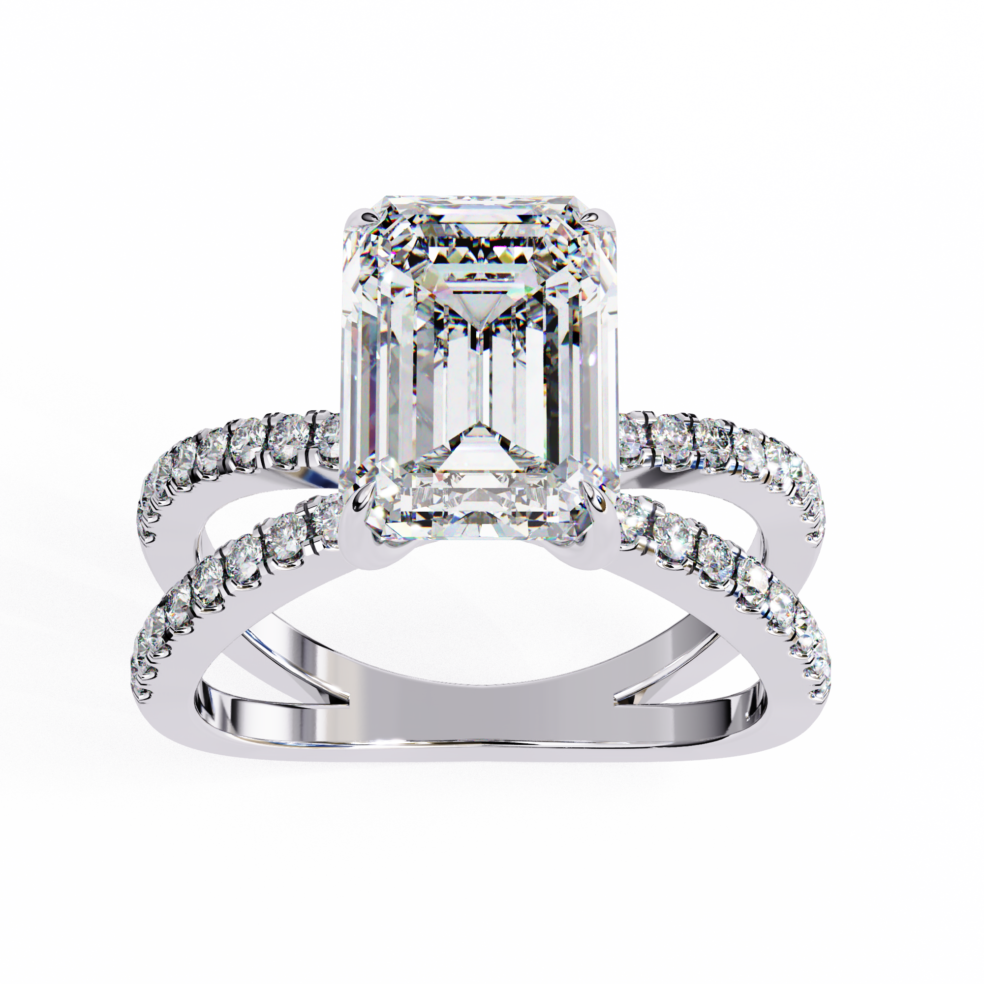 Diamond ring with a rectangular center stone on a white background