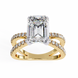 Gold ring with a large emerald-cut diamond and smaller diamonds on a white background