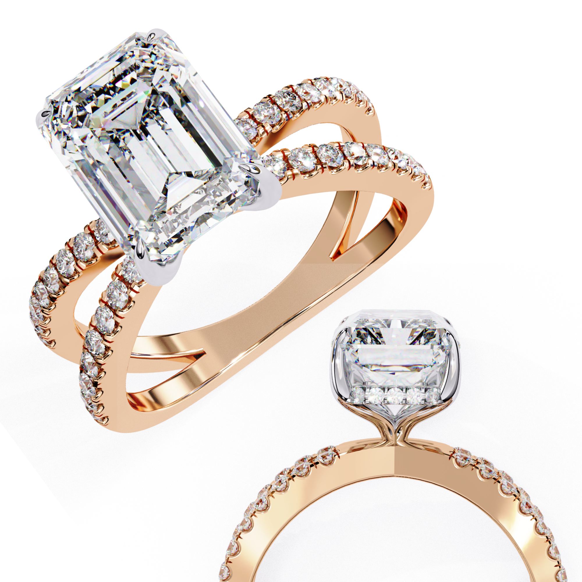 Two rose gold diamond rings on a white background