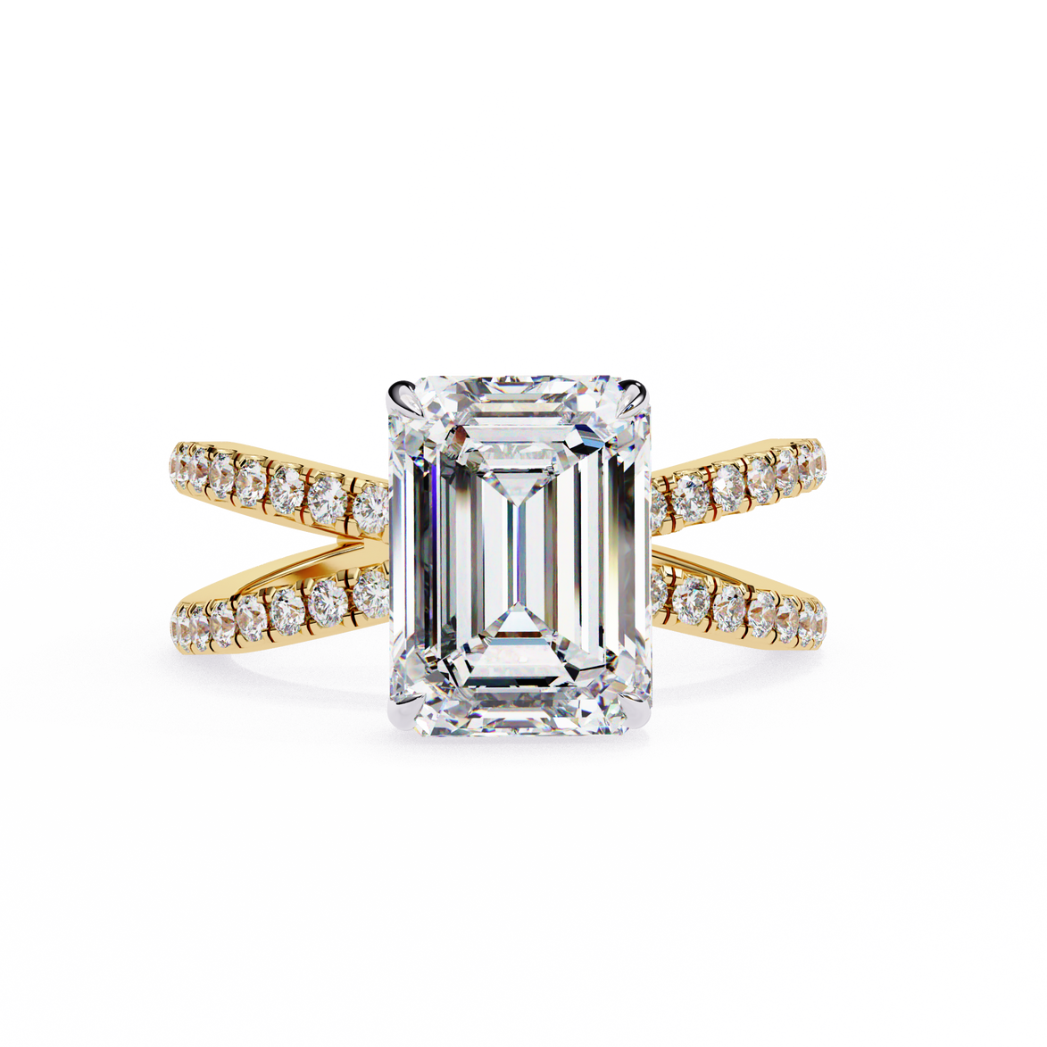 Diamond ring with emerald-cut center stone and gold band on a white background