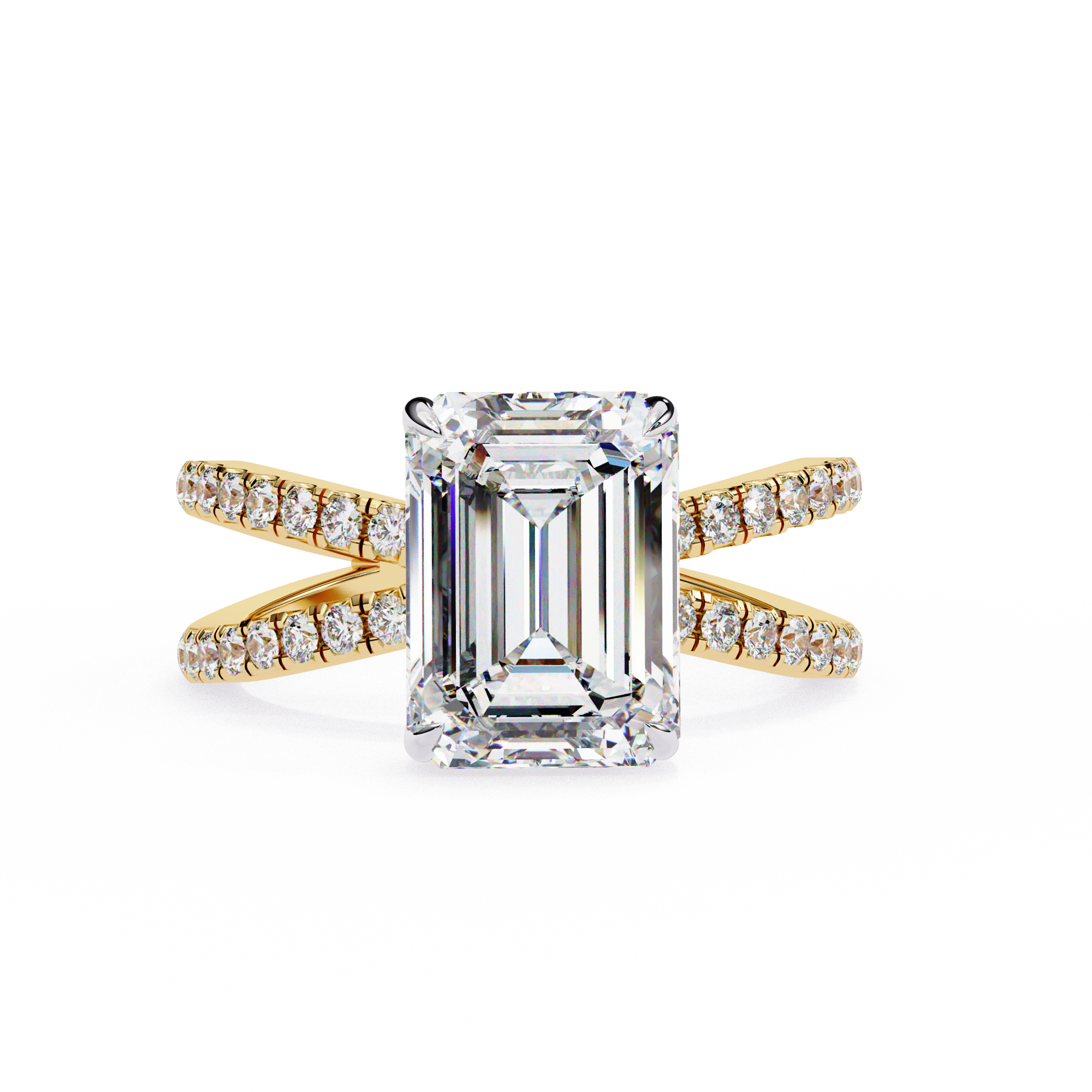 Diamond ring with emerald-cut center stone and gold band on a white background