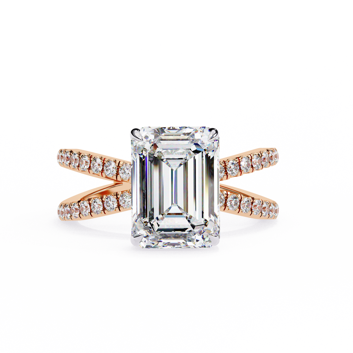 Diamond ring with rose gold band on a white background
