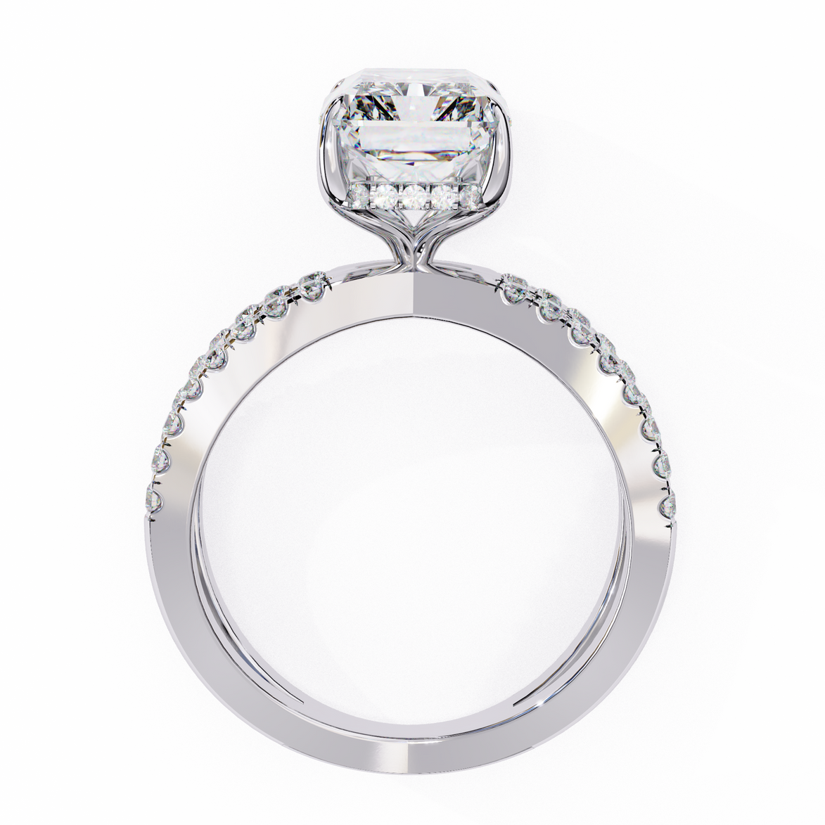 Diamond ring with a white gold band on a white background