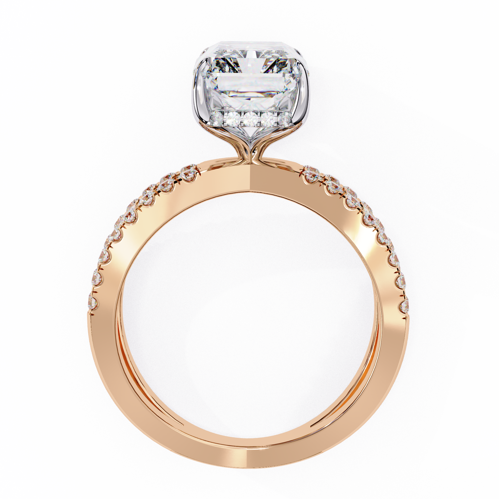 Rose gold ring with a diamond on a white background