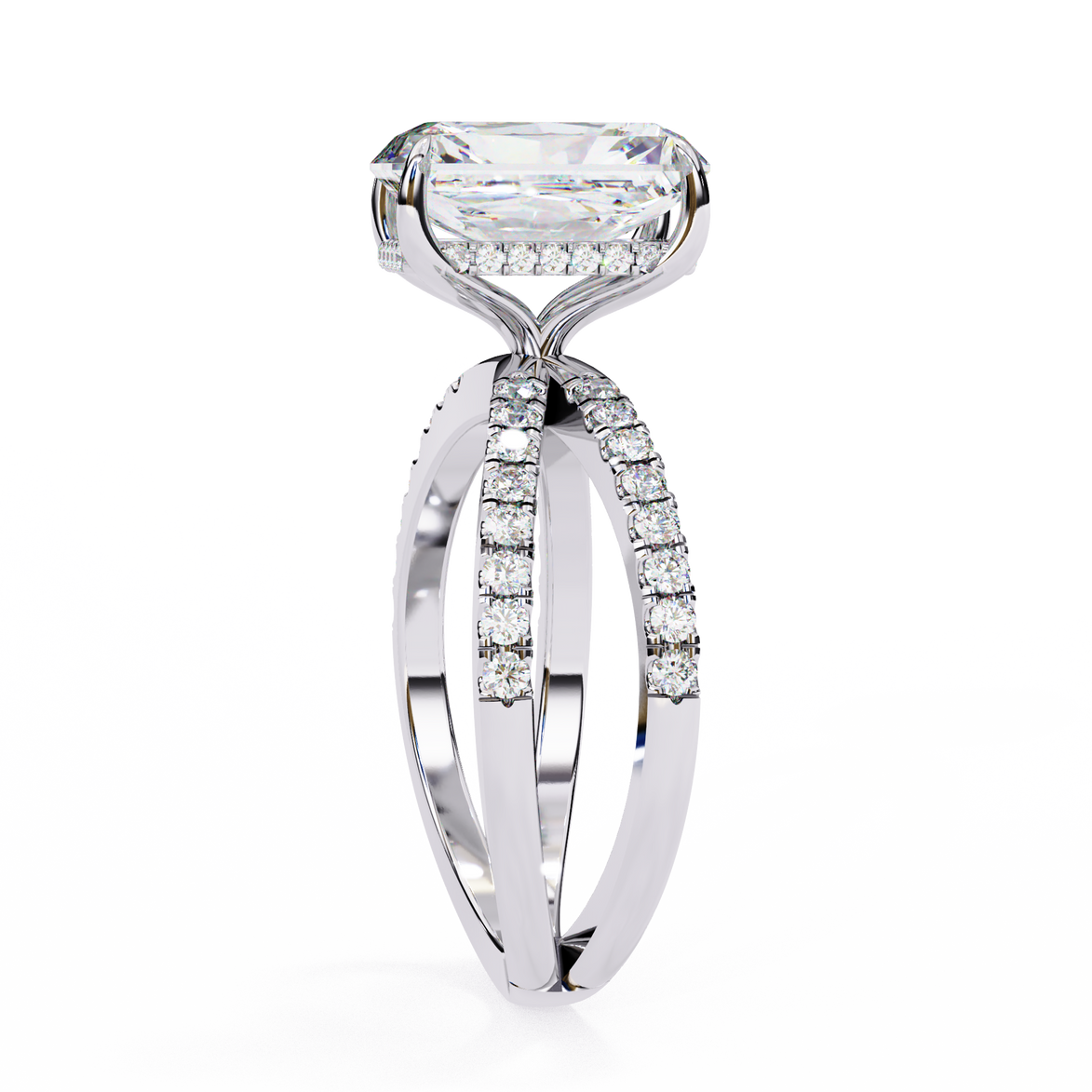 Diamond ring with a large central stone and smaller stones on the band against a white background