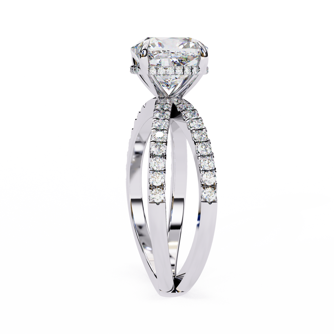 Diamond ring with a white gold band on a white background