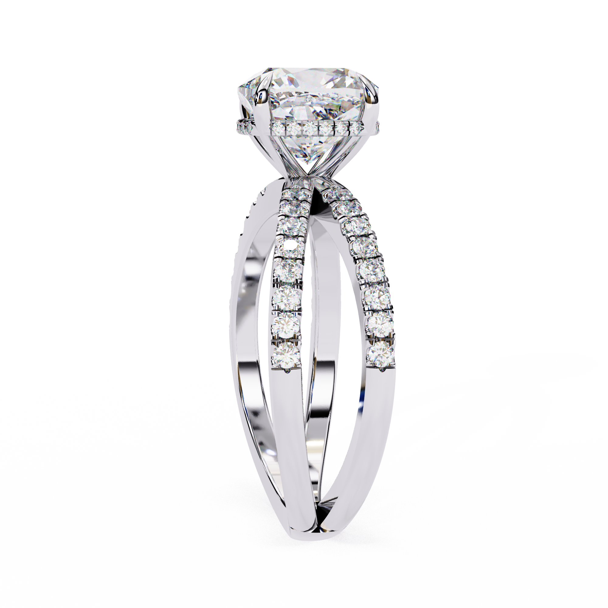 Diamond ring with a white gold band on a white background
