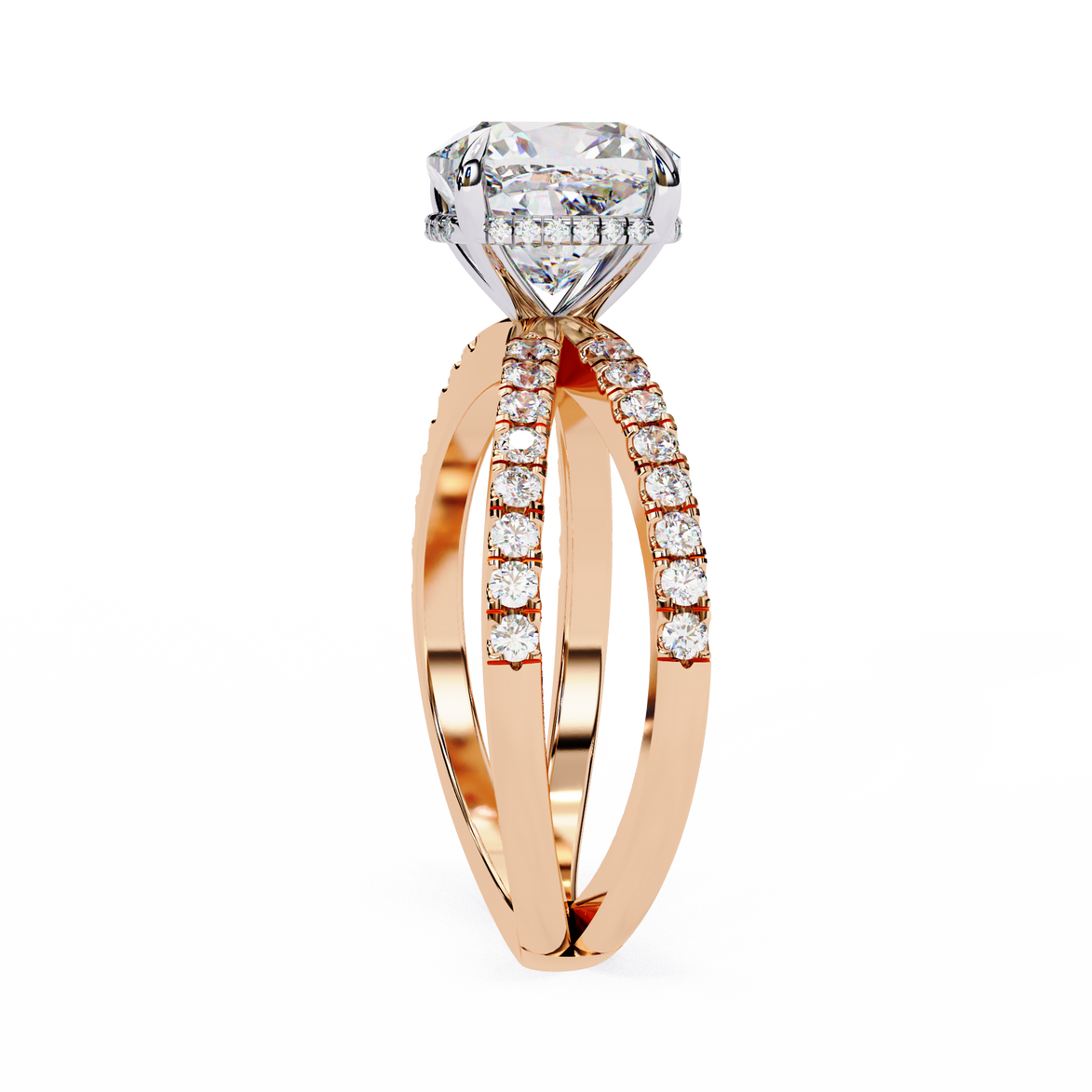 Rose gold ring with a large diamond and smaller diamonds on a white background