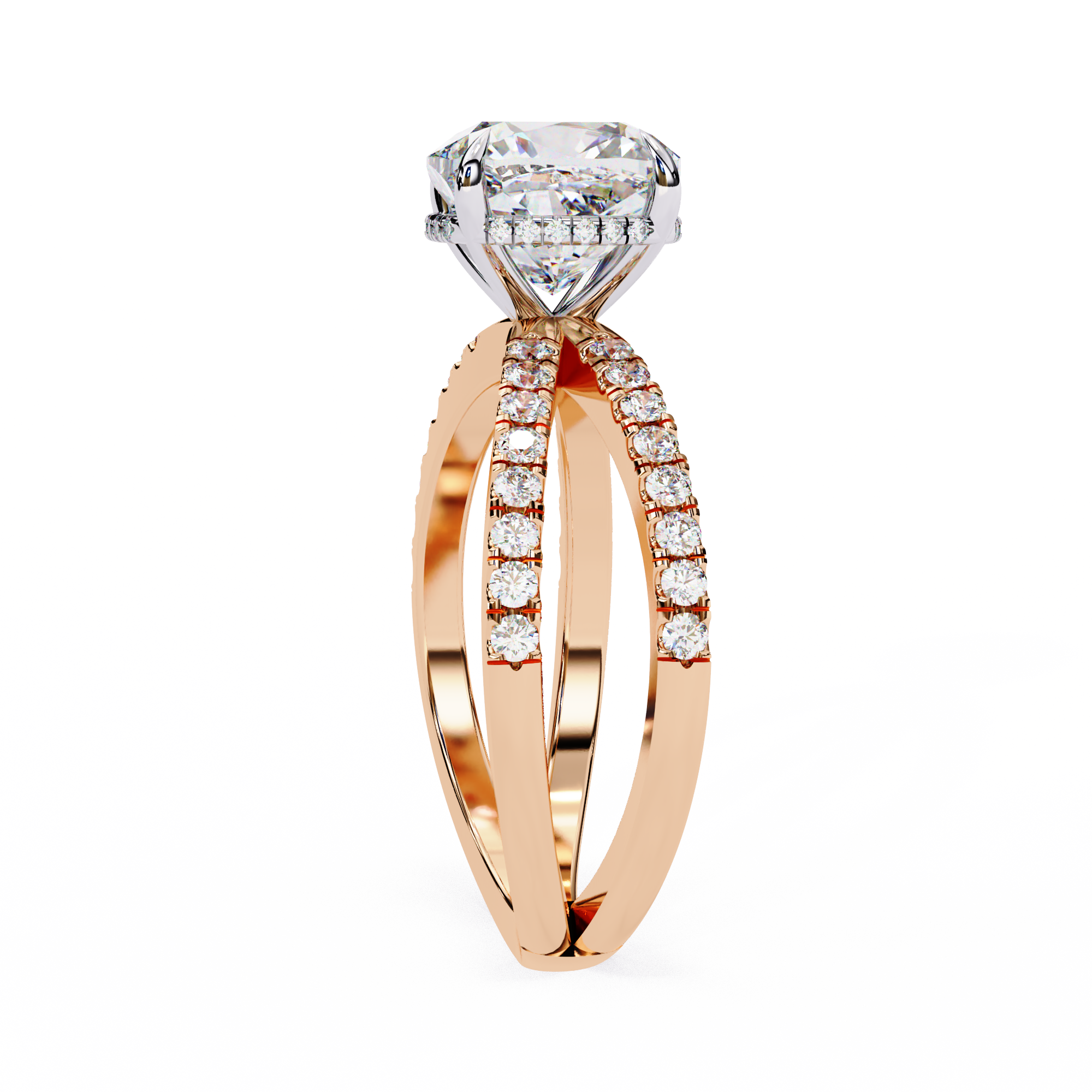 Rose gold ring with a large diamond and smaller diamonds on a white background