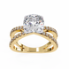 Gold ring with a large diamond and smaller diamonds on the band against a white background