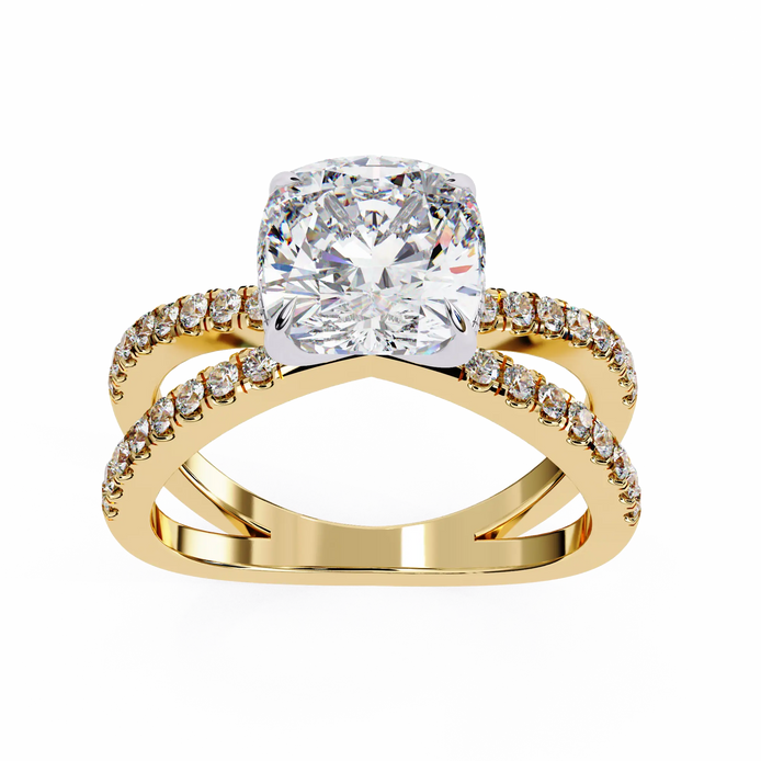 Gold ring with a large diamond and smaller diamonds on the band against a white background