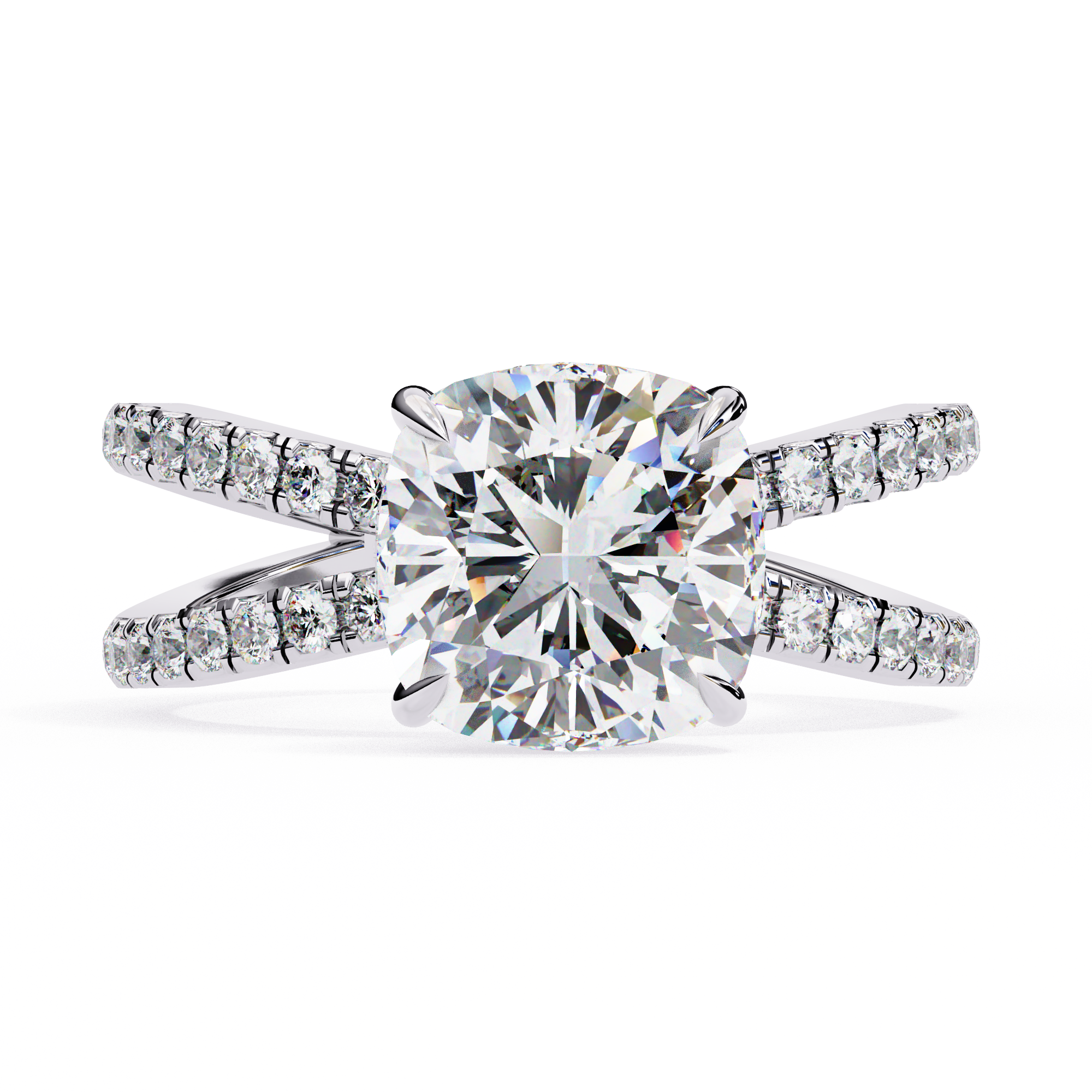Diamond ring with a large central gemstone and smaller diamonds on the band against a white background