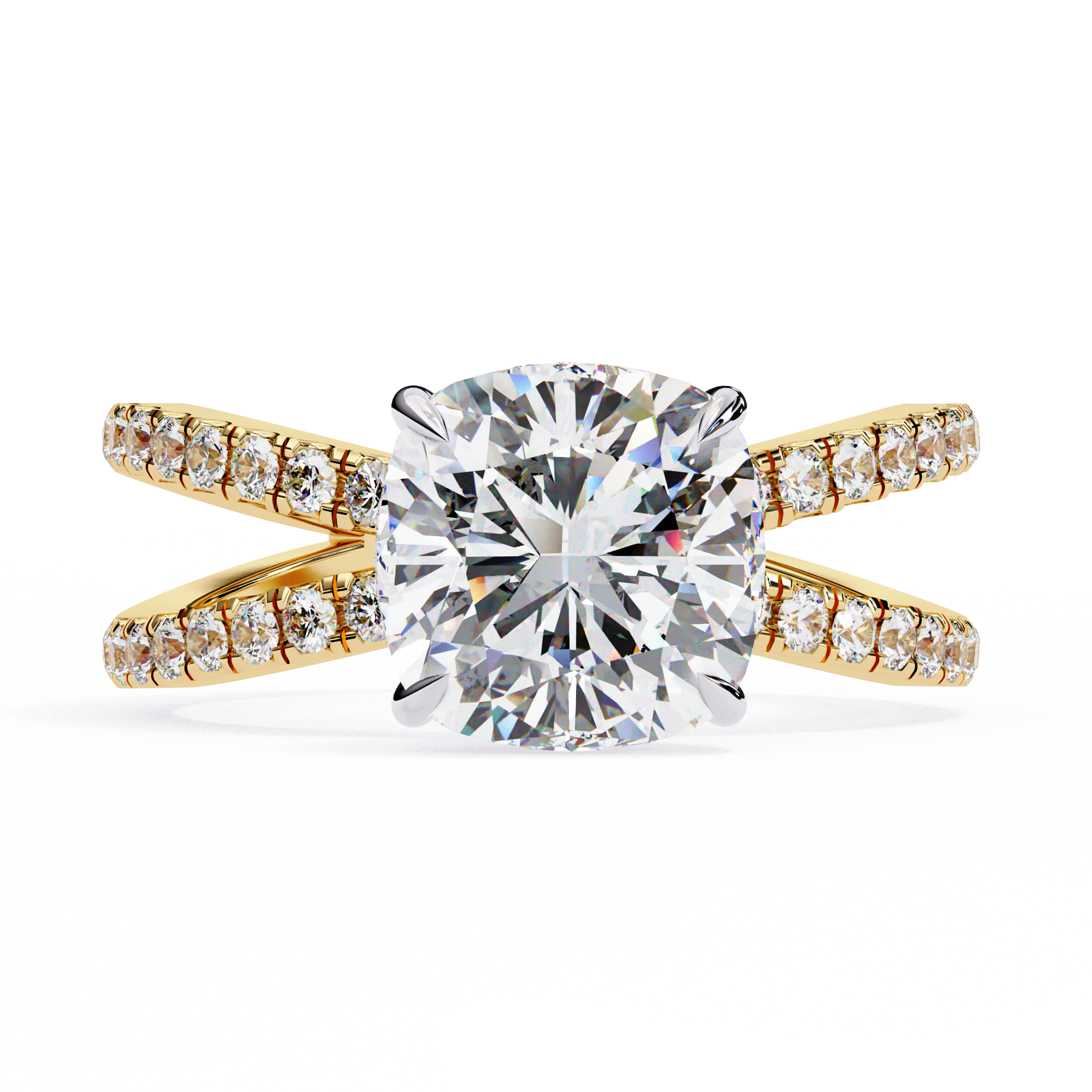 Gold ring with a large diamond and smaller diamonds on the band against a white background