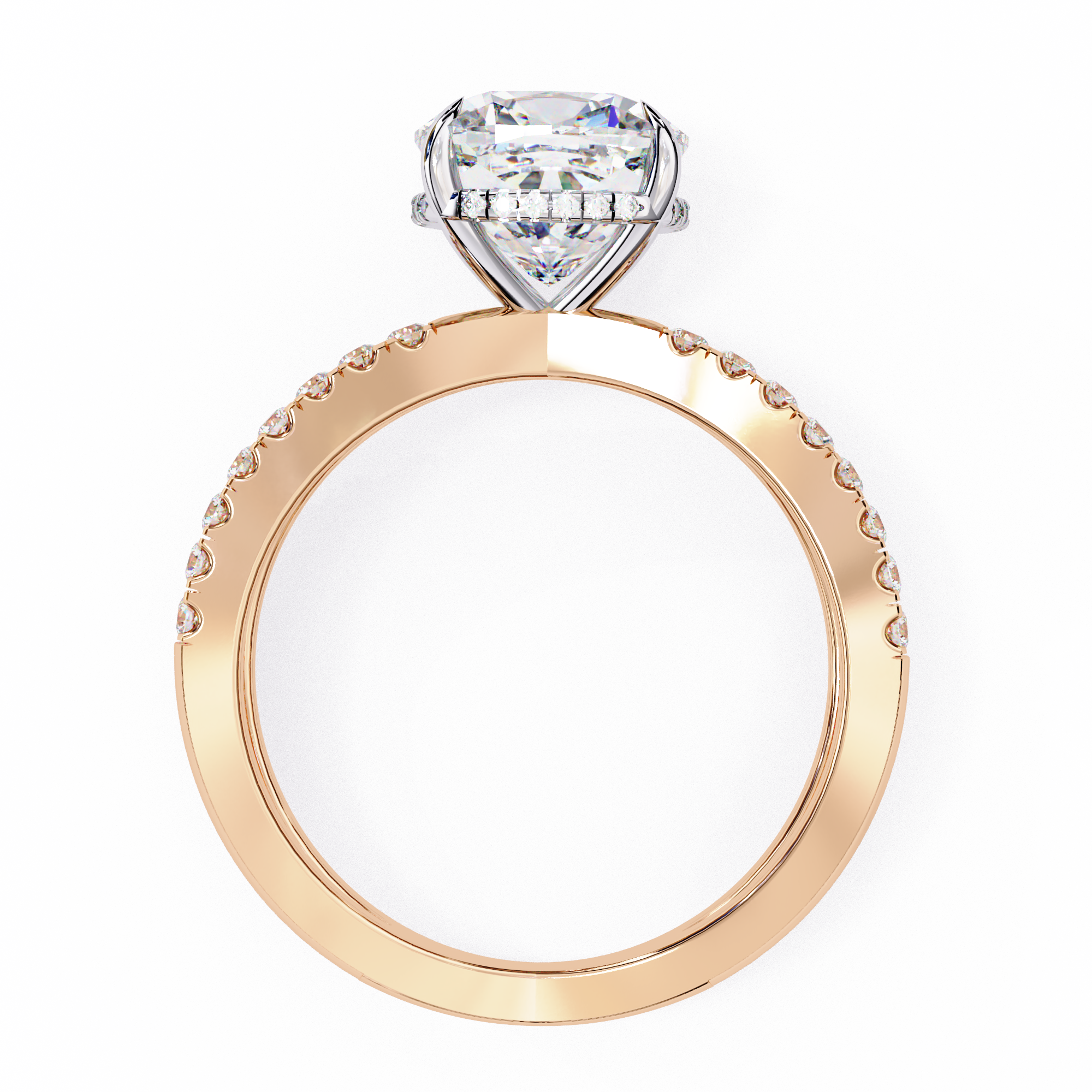 Rose gold ring with heart-shaped diamond on a white background
