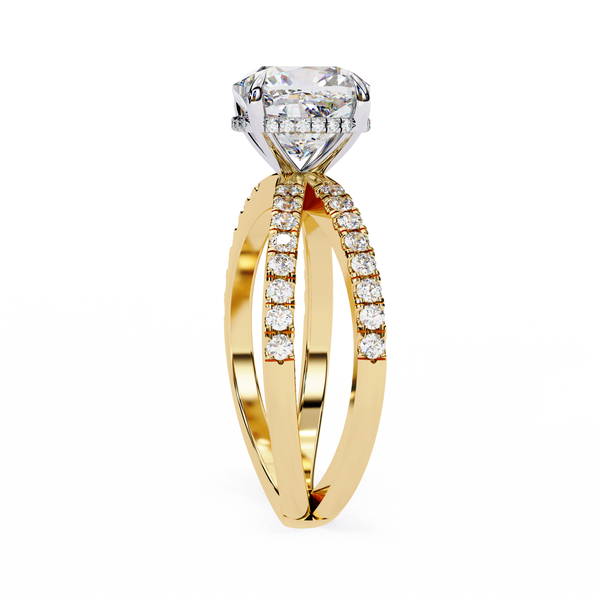 Gold ring with a large diamond and smaller diamonds on the band against a white background