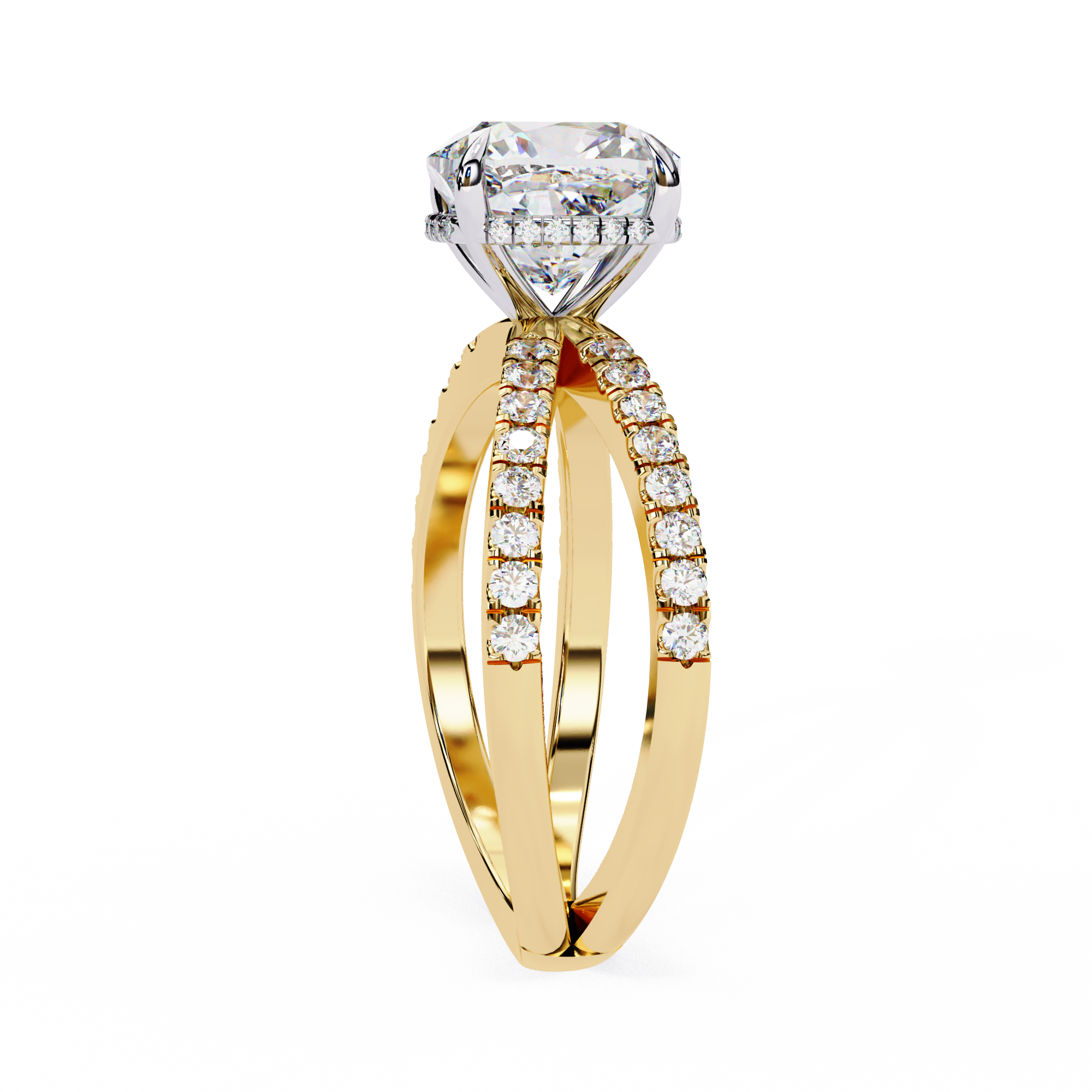 Gold ring with a large diamond and smaller diamonds on the band against a white background