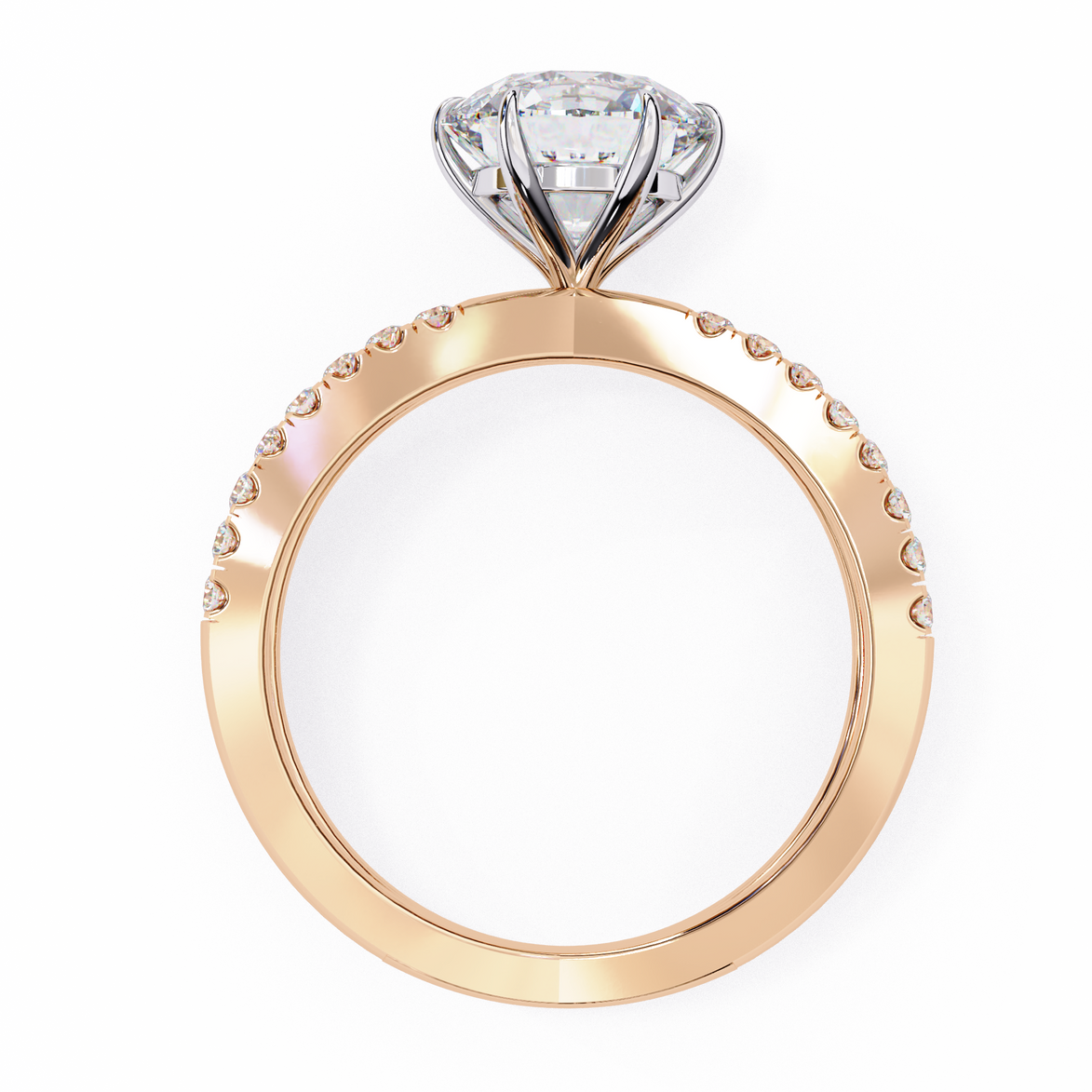 Rose gold ring with a diamond on a white background