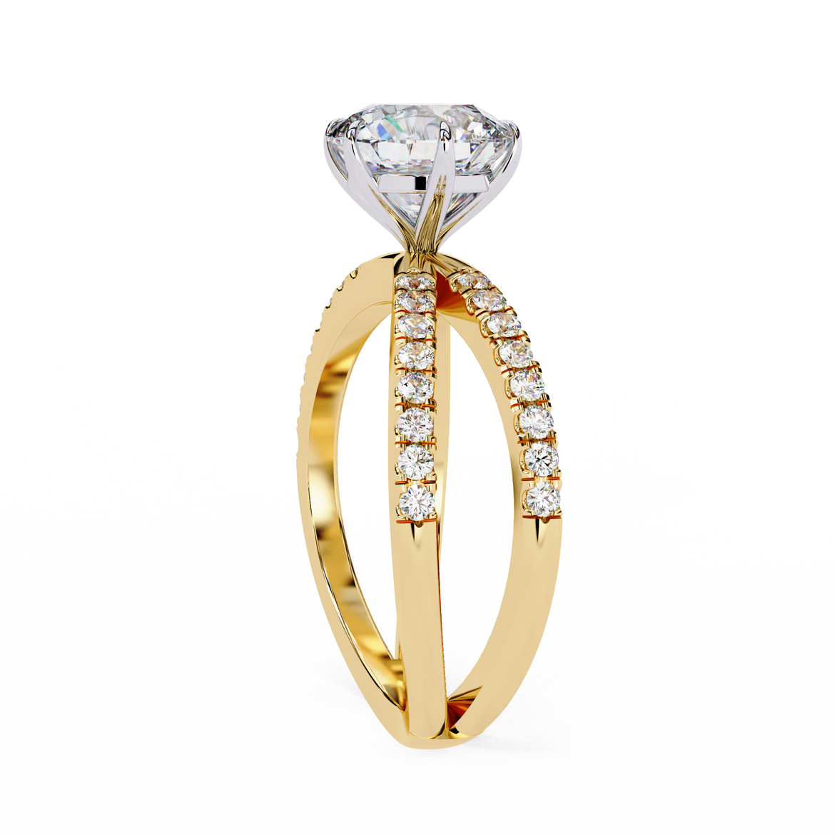 Gold ring with a large diamond and smaller diamonds on the band against a white background