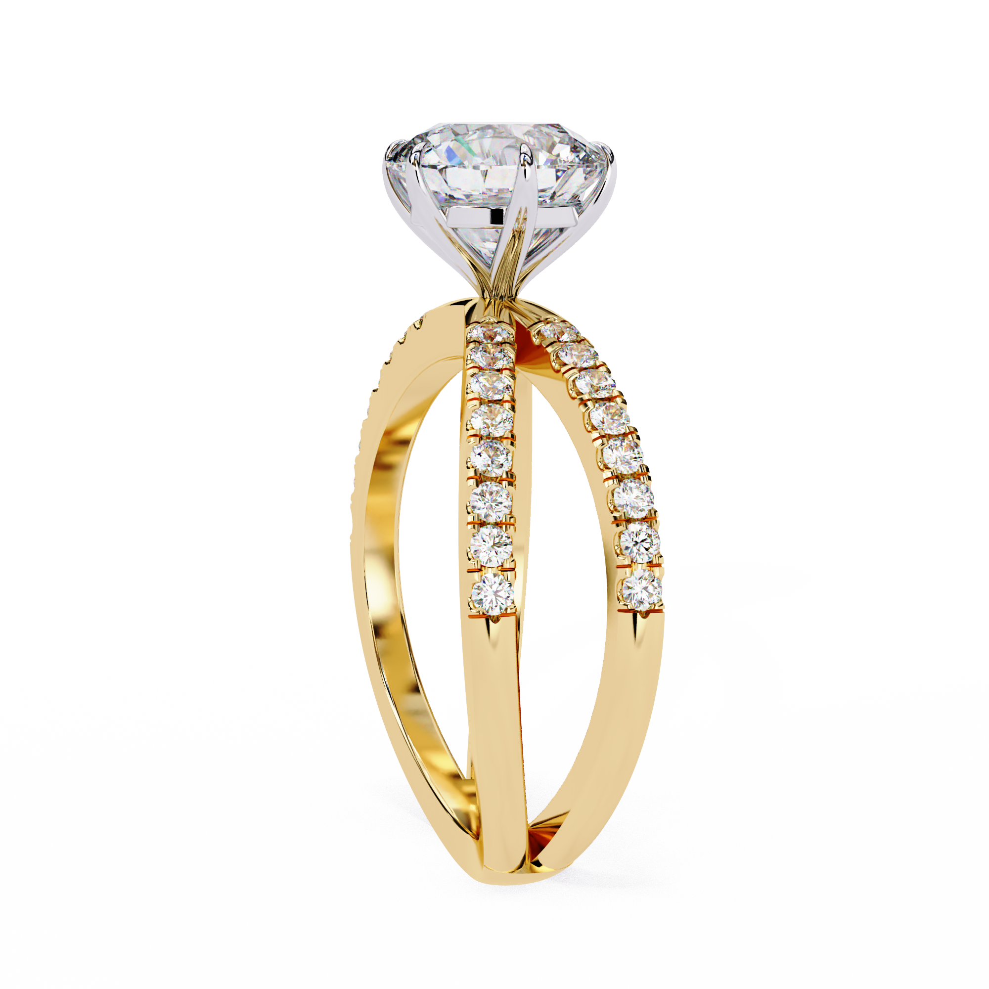 Gold ring with a large diamond and smaller diamonds on the band against a white background