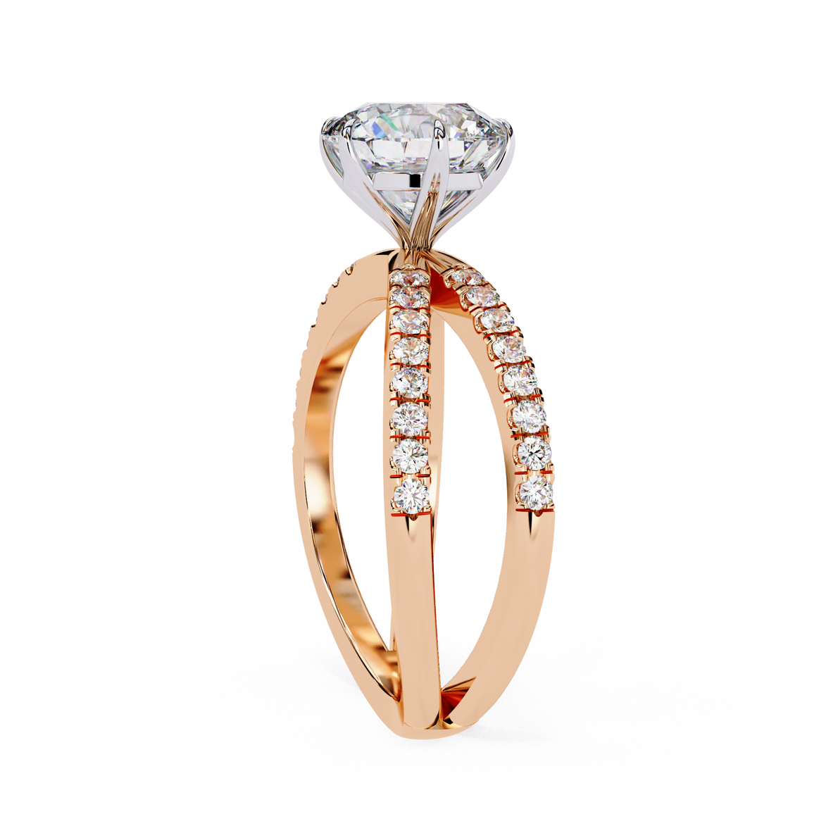 Rose gold ring with a large diamond and smaller diamonds on the band against a white background