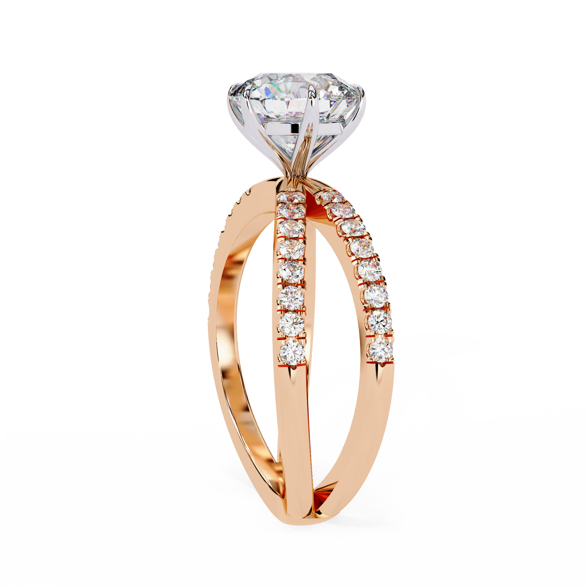 Rose gold ring with a large diamond and smaller diamonds on the band against a white background