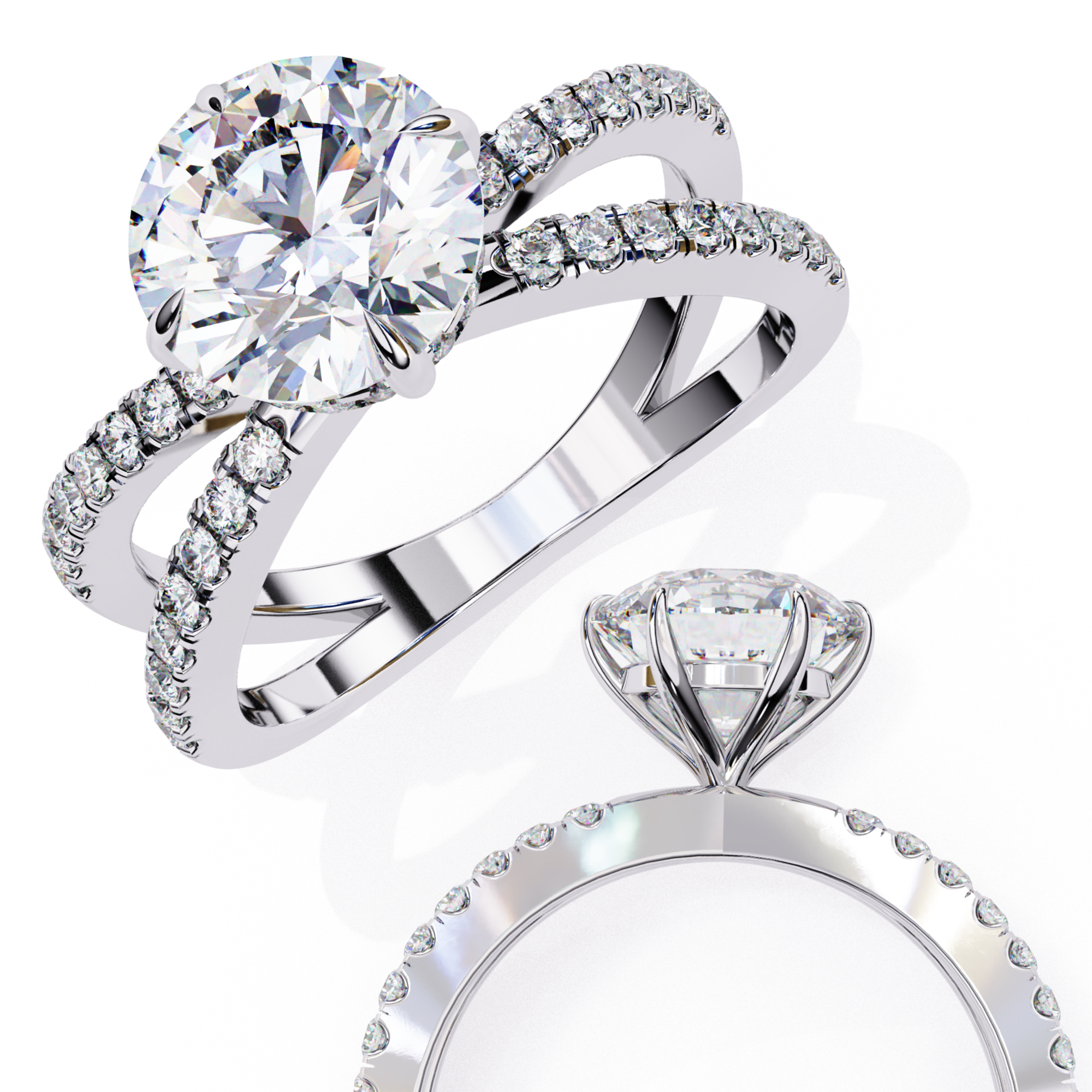 Two silver rings with diamond-like stones on a white background