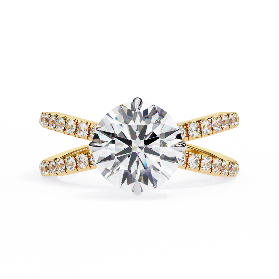 Gold ring with a large diamond and smaller diamonds on the band against a white background