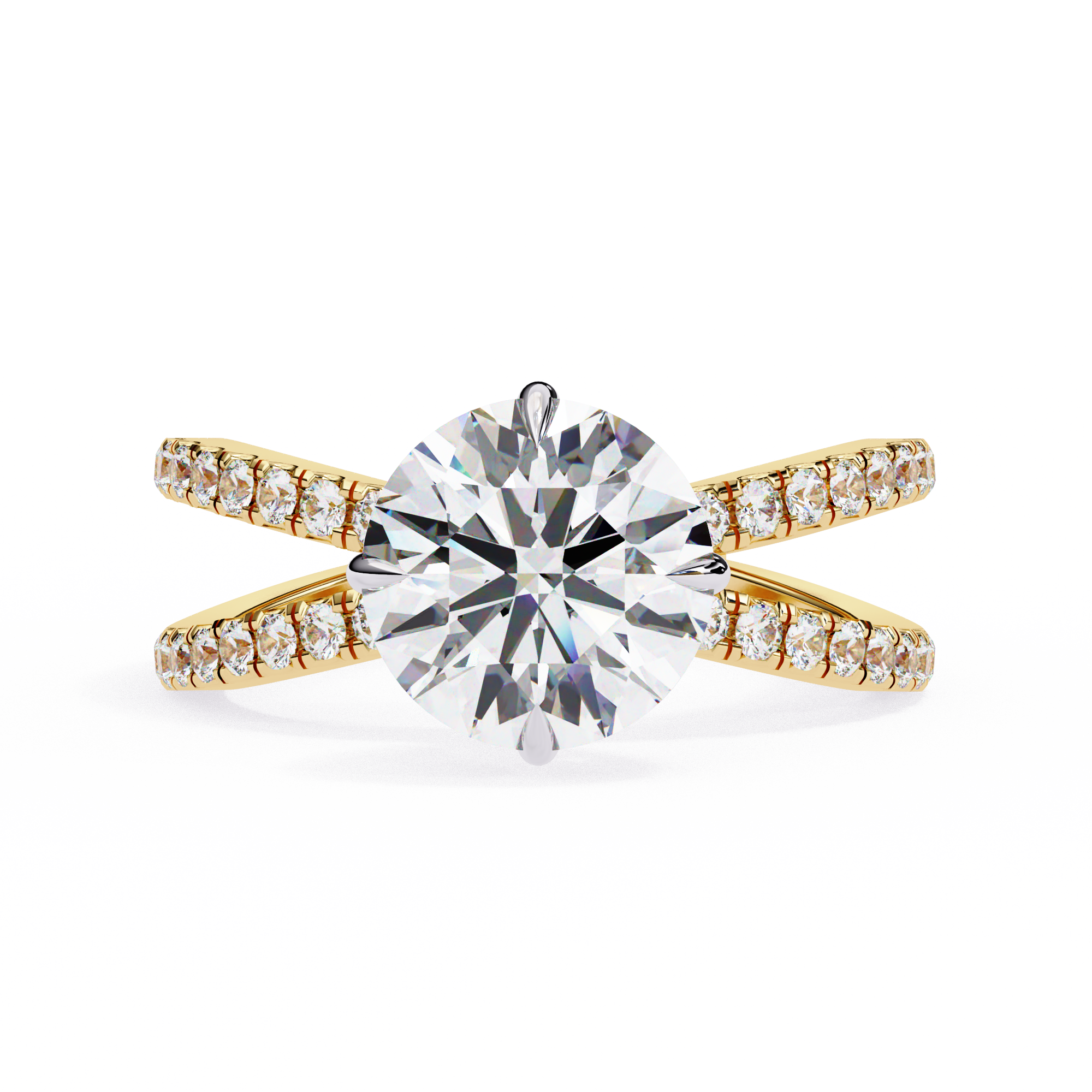 Gold ring with a large diamond and smaller diamonds on the band against a white background