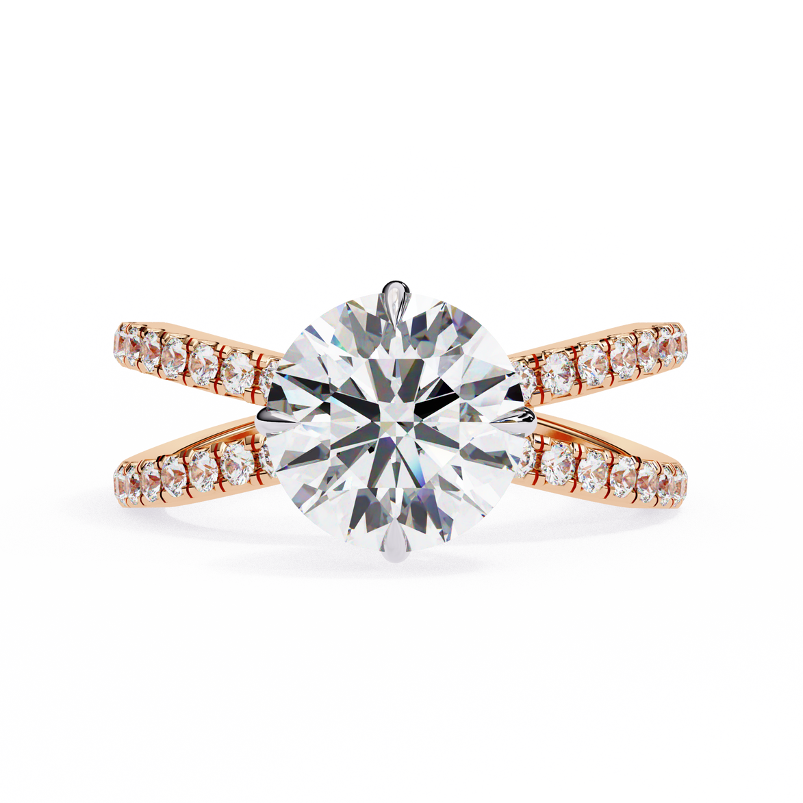 Gold ring with a large diamond and smaller diamonds on the band against a white background