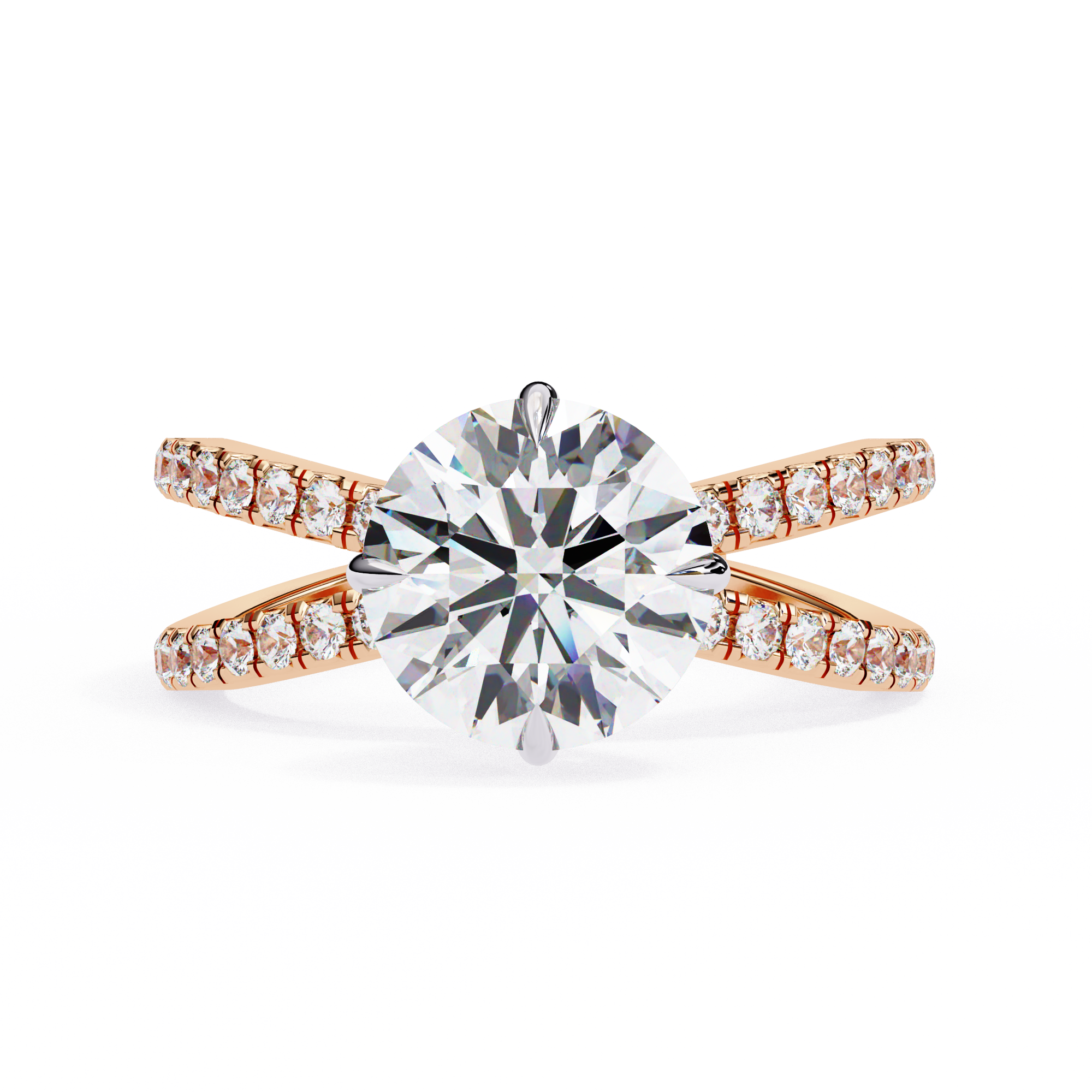 Gold ring with a large diamond and smaller diamonds on the band against a white background