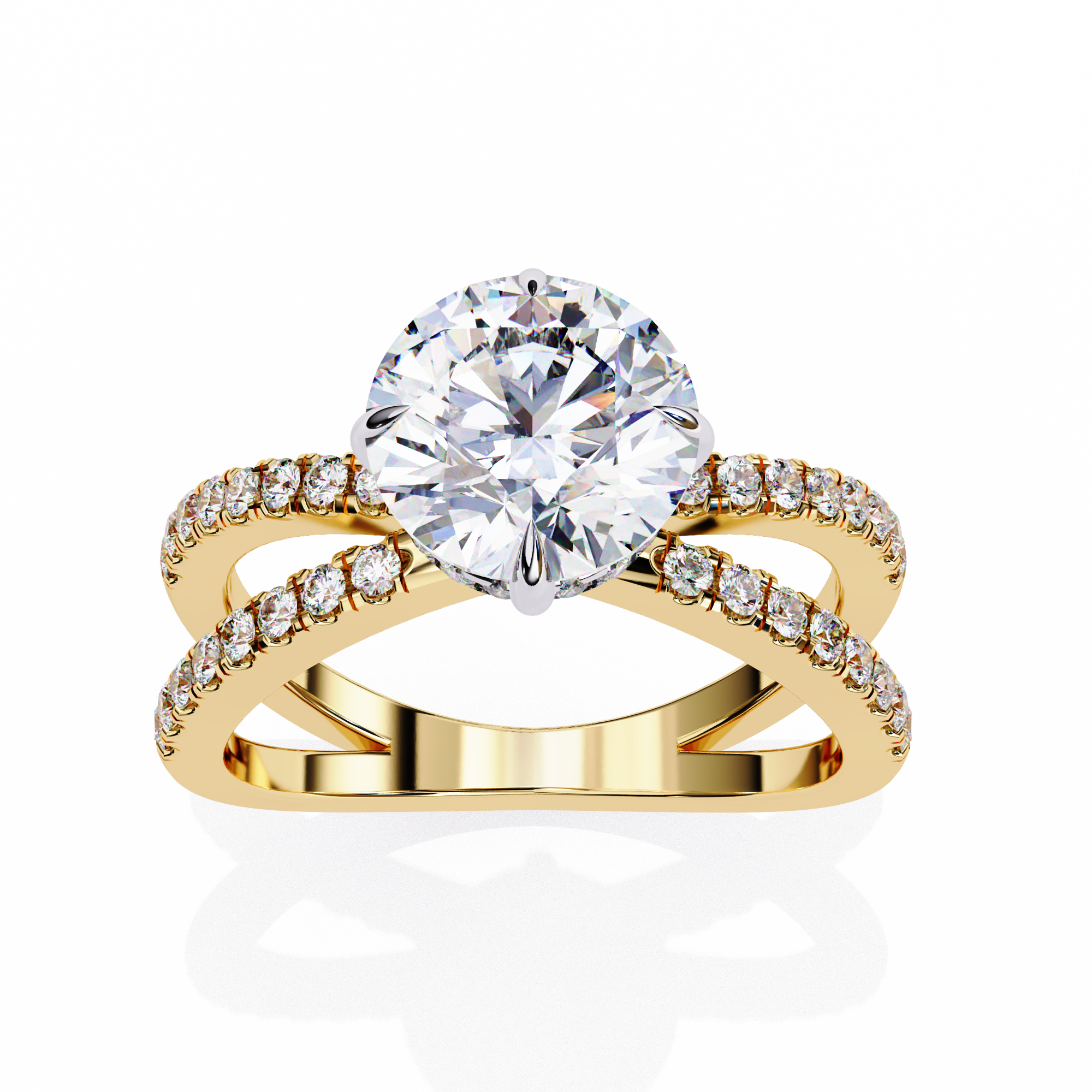 Gold ring with a large diamond and smaller diamonds on a white background