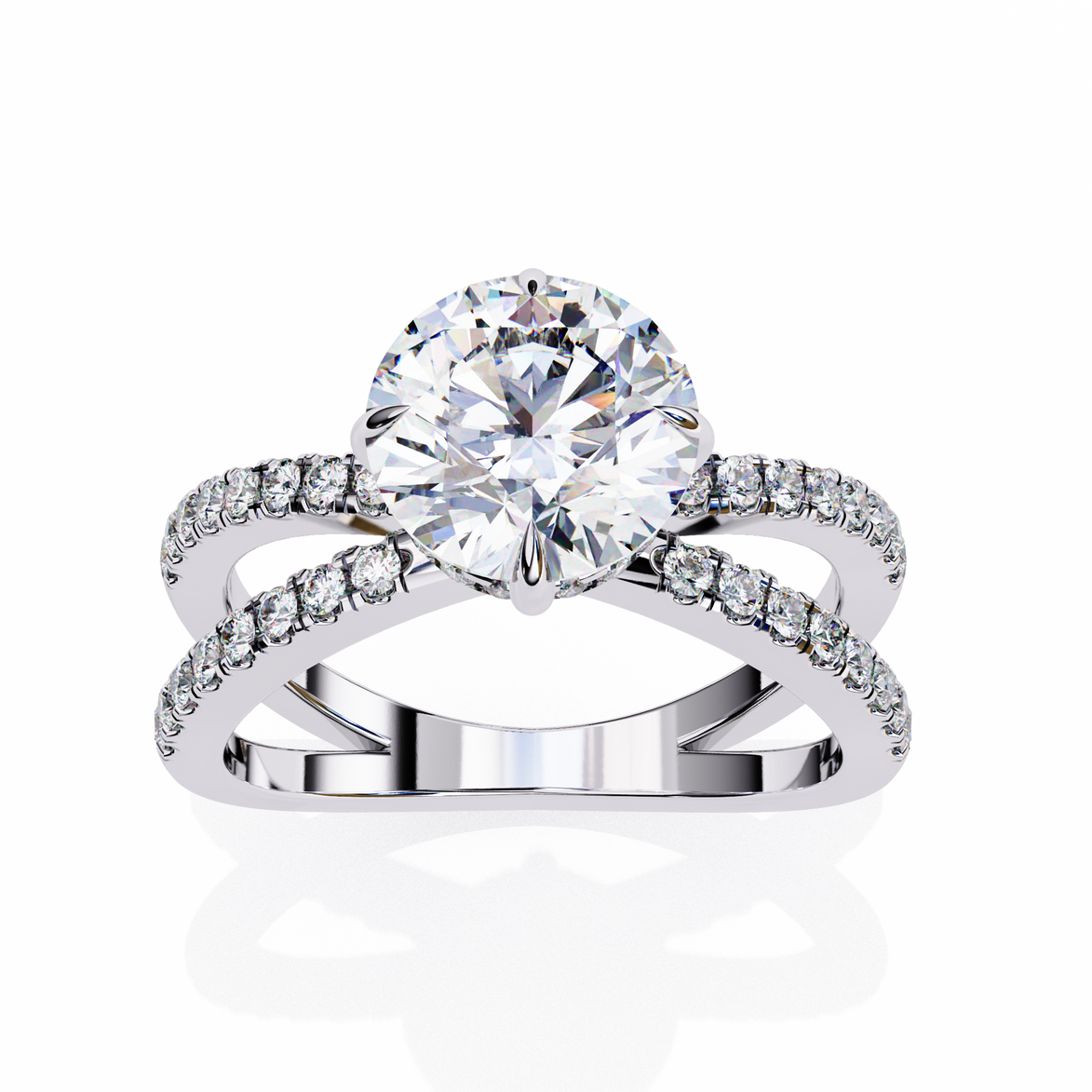 Silver ring with a large central diamond and smaller diamonds on the band against a white background