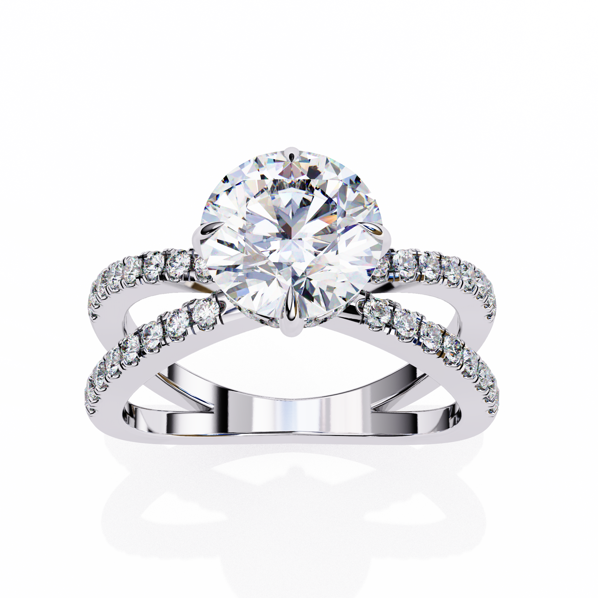 Silver ring with a large central diamond and smaller diamonds on the band against a white background