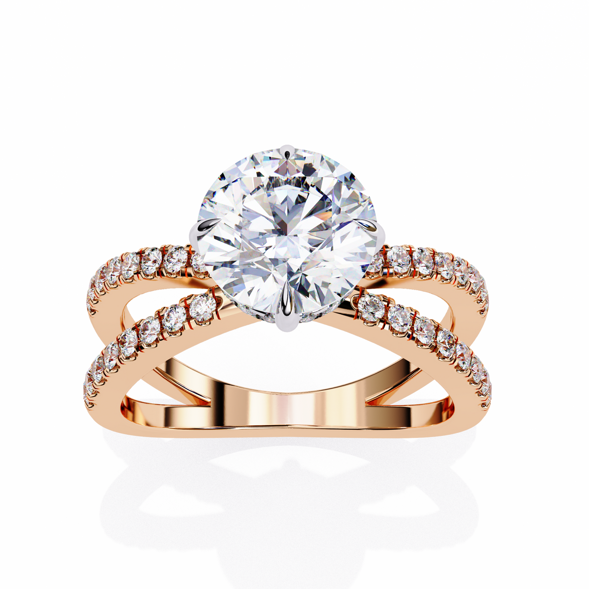 Rose gold ring with a large diamond and smaller diamonds on a white background