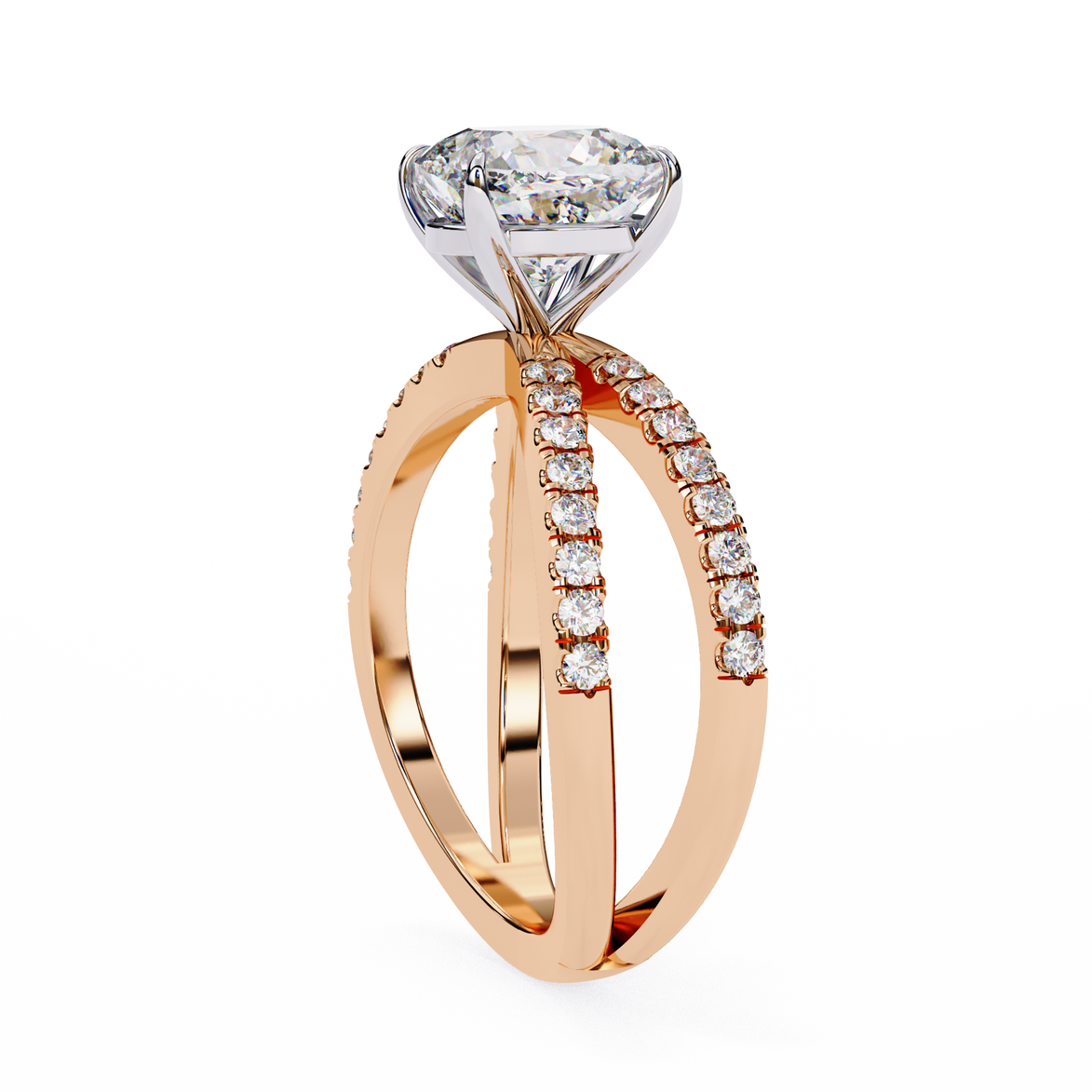 Rose gold ring with a large diamond and smaller diamonds on the band against a white background