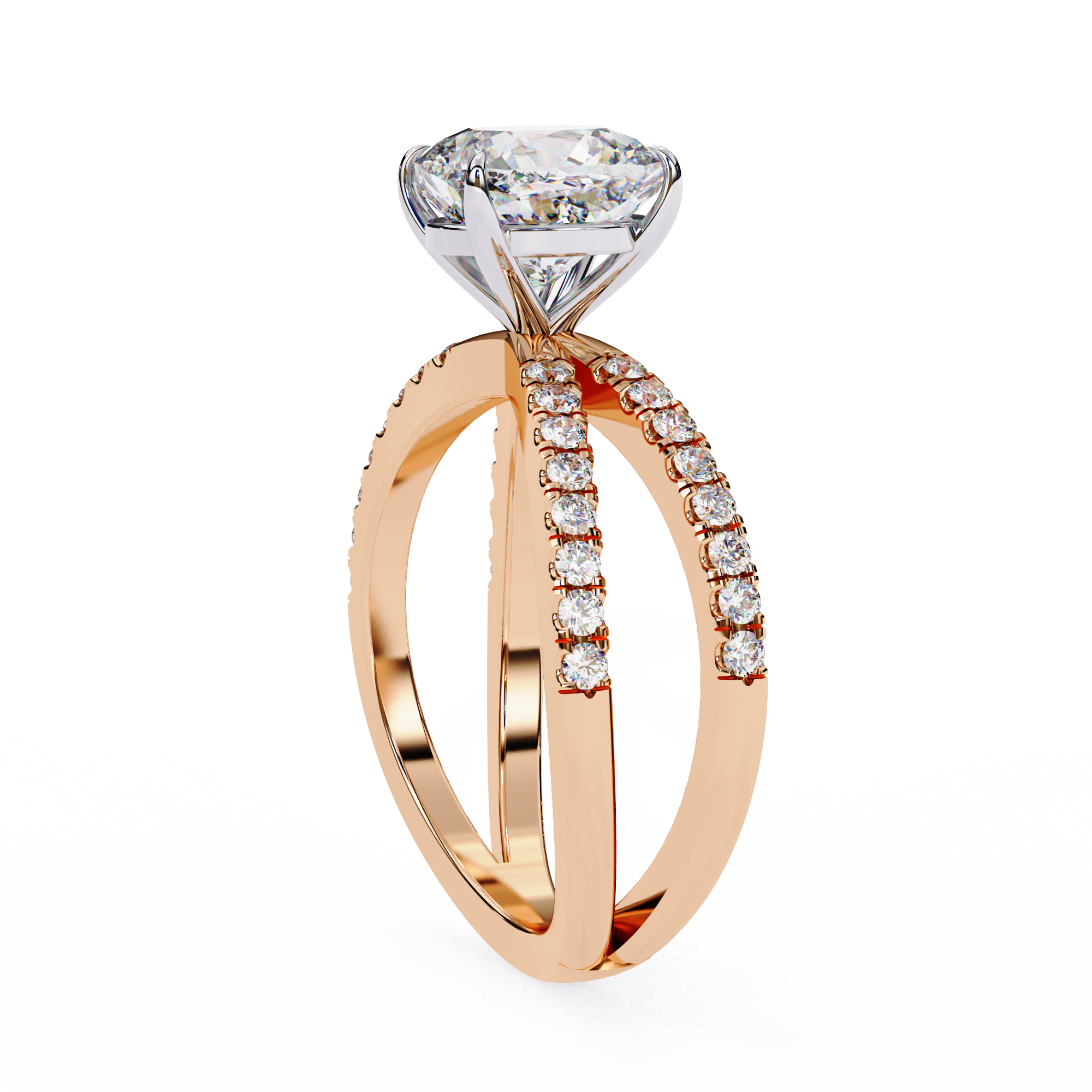 Rose gold ring with a large diamond and smaller diamonds on the band against a white background