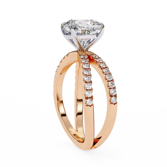 Rose gold ring with a large diamond and smaller diamonds on the band against a white background
