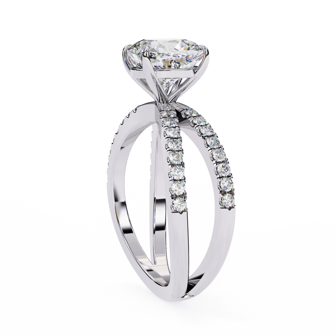 Diamond ring with a white gold band on a white background