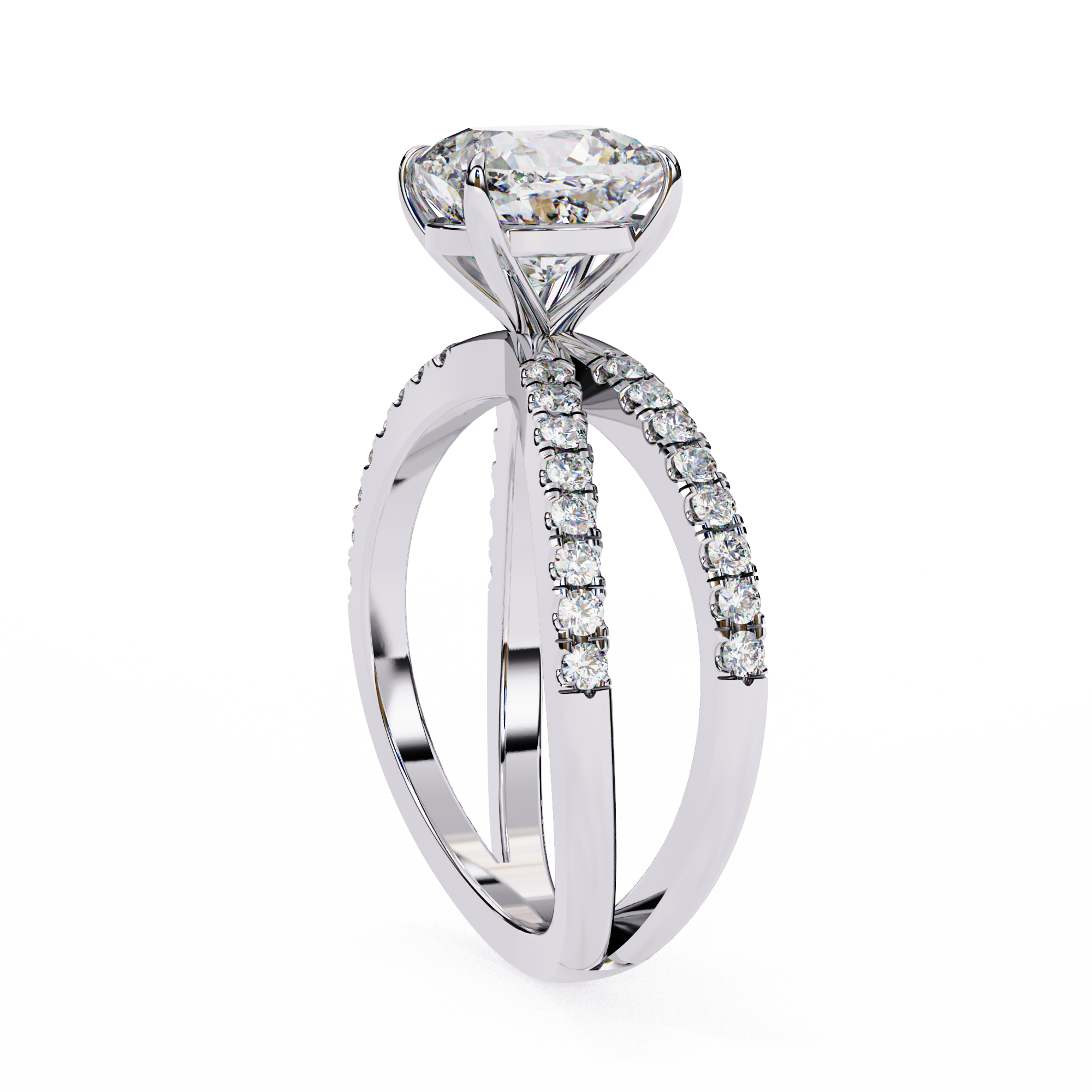 Diamond ring with a white gold band on a white background