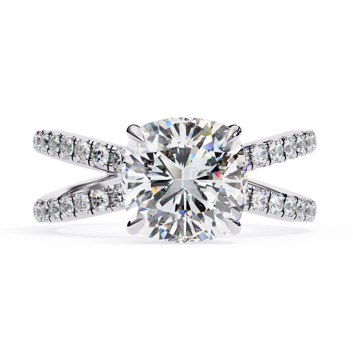 Diamond ring with a large central gemstone and smaller diamonds on the band against a white background
