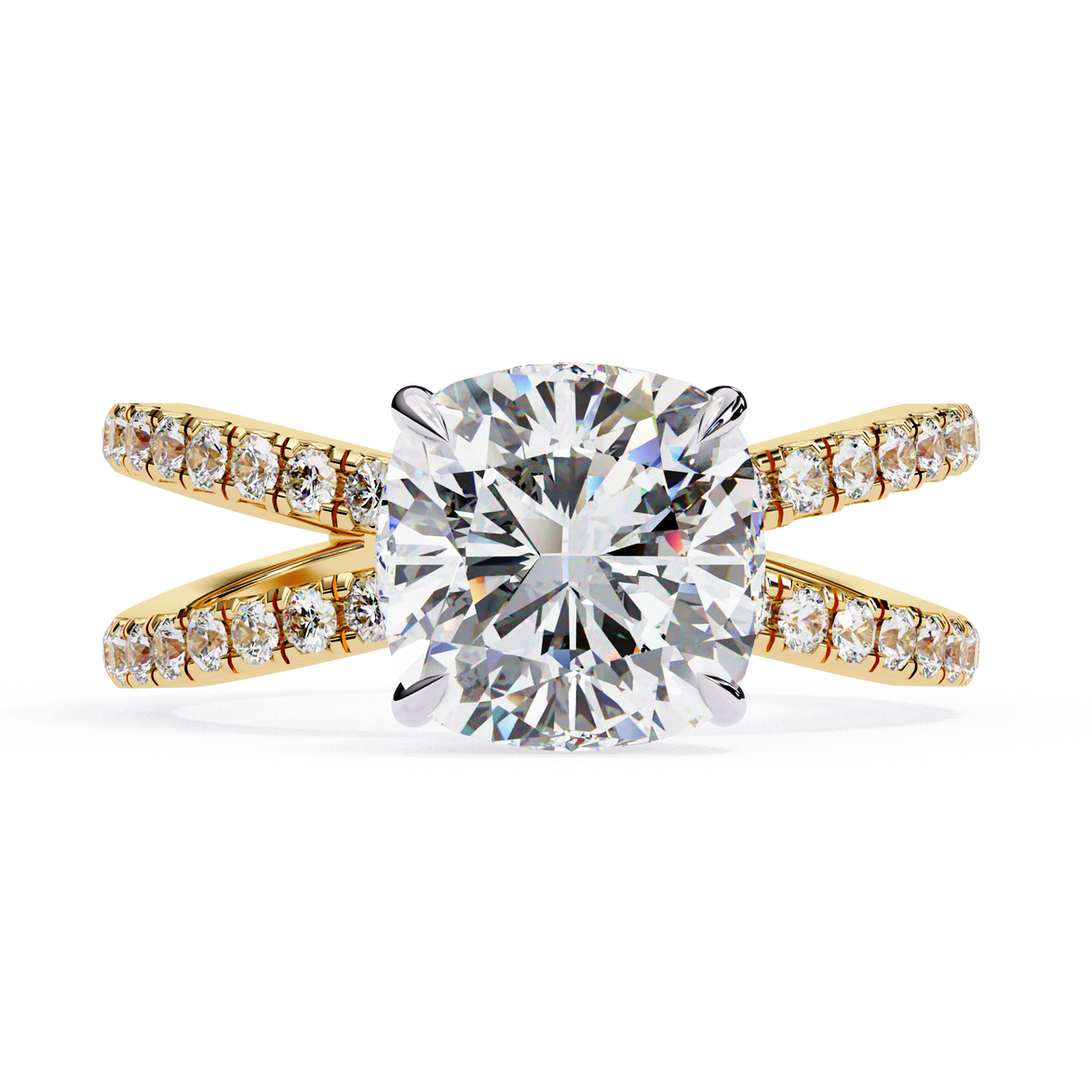 Gold ring with a large diamond and smaller diamonds on the band against a white background