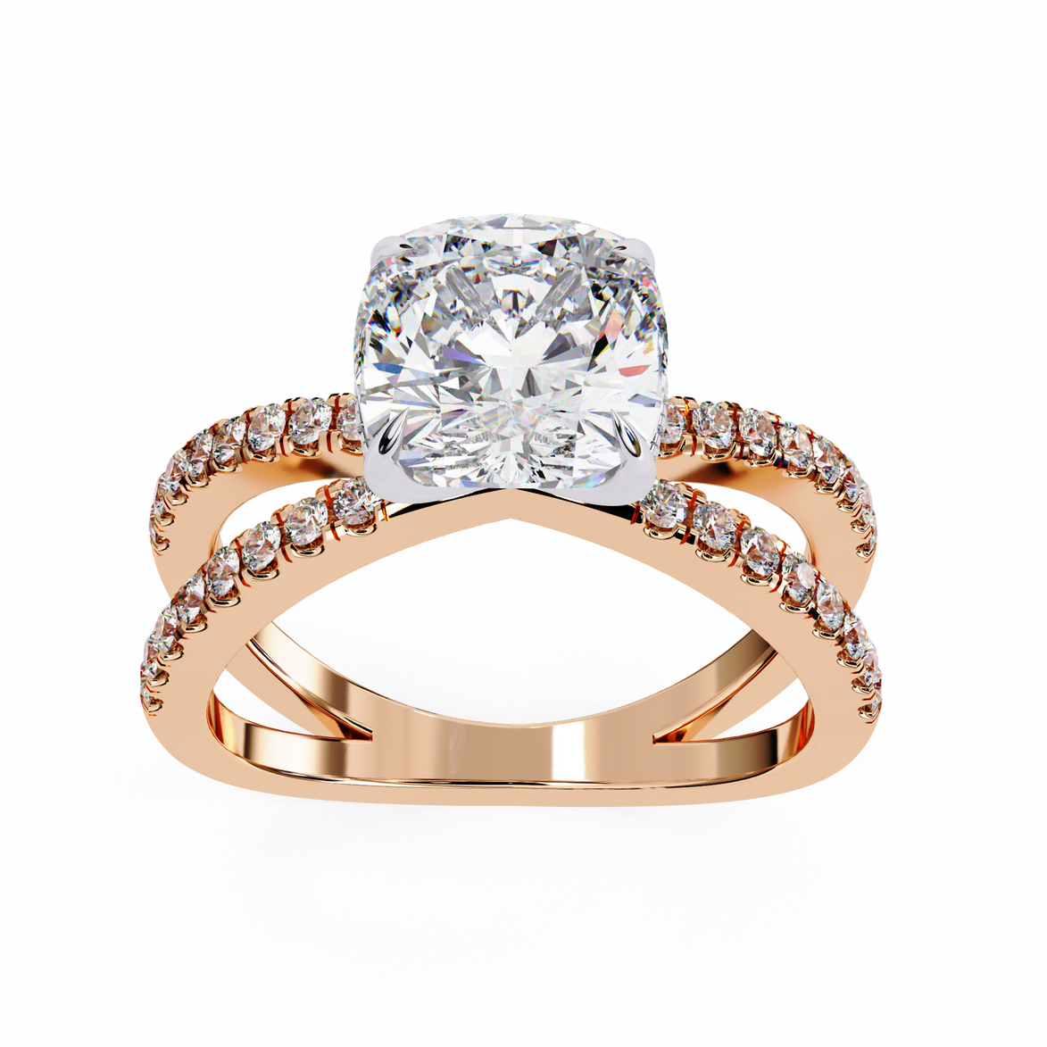 Rose gold ring with a large diamond and smaller diamonds on the band against a white background