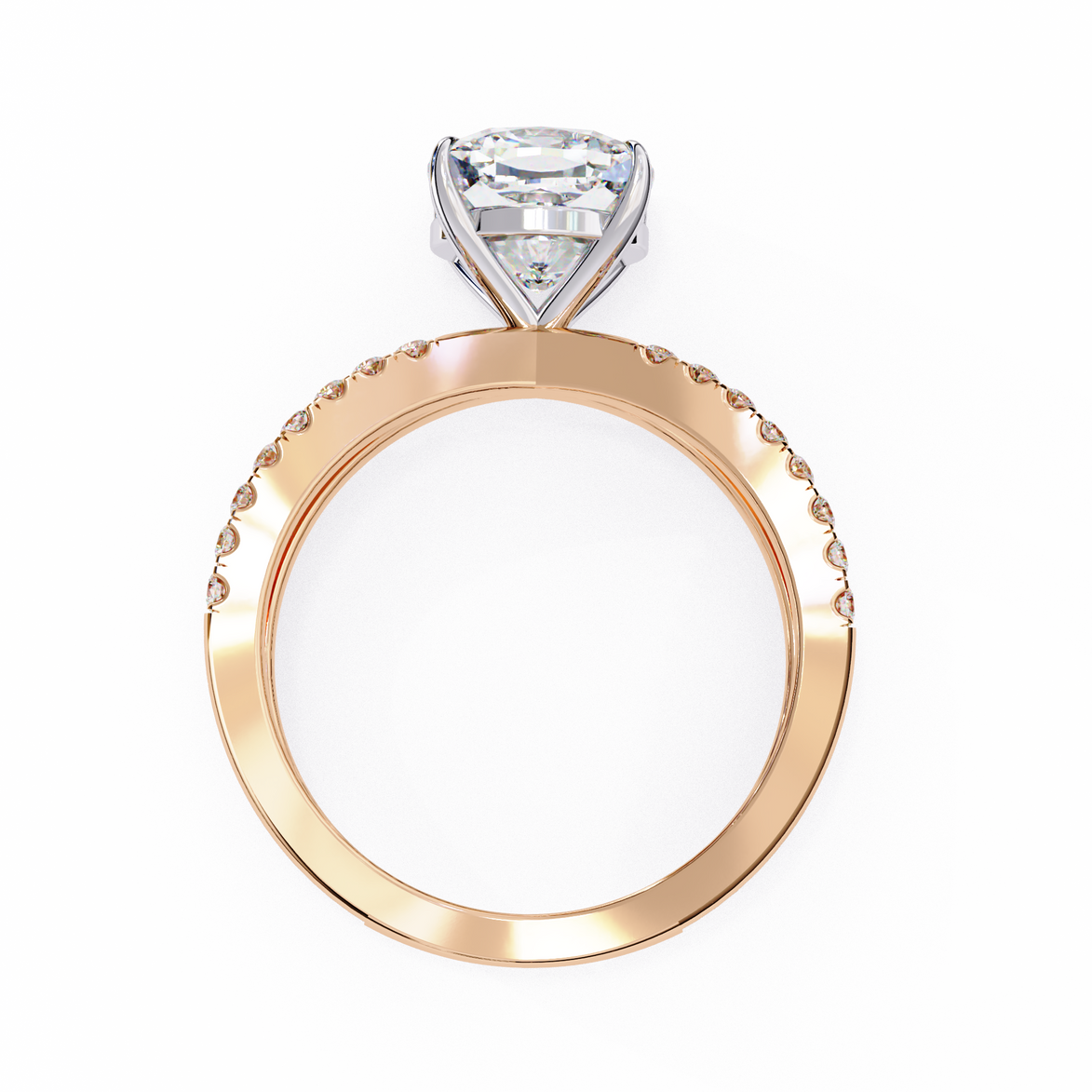 Rose gold ring with a diamond on a white background