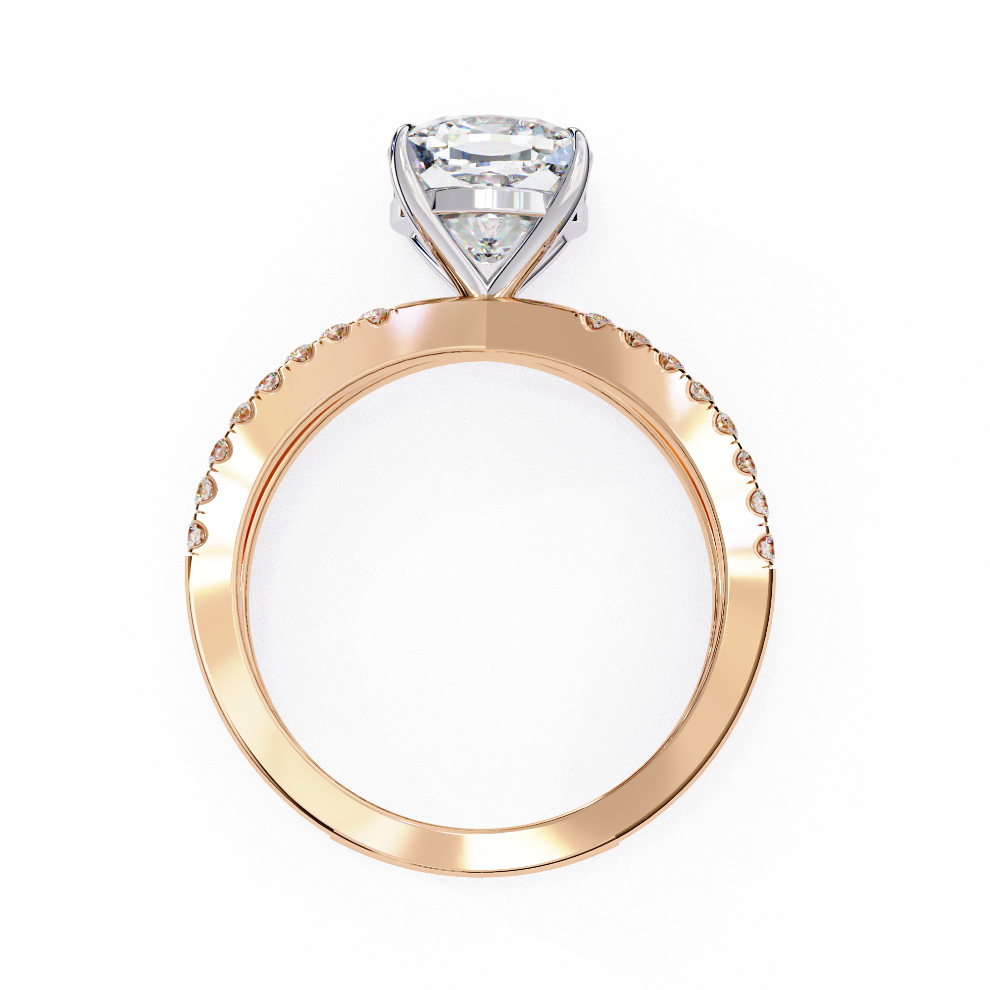 Rose gold ring with a diamond on a white background