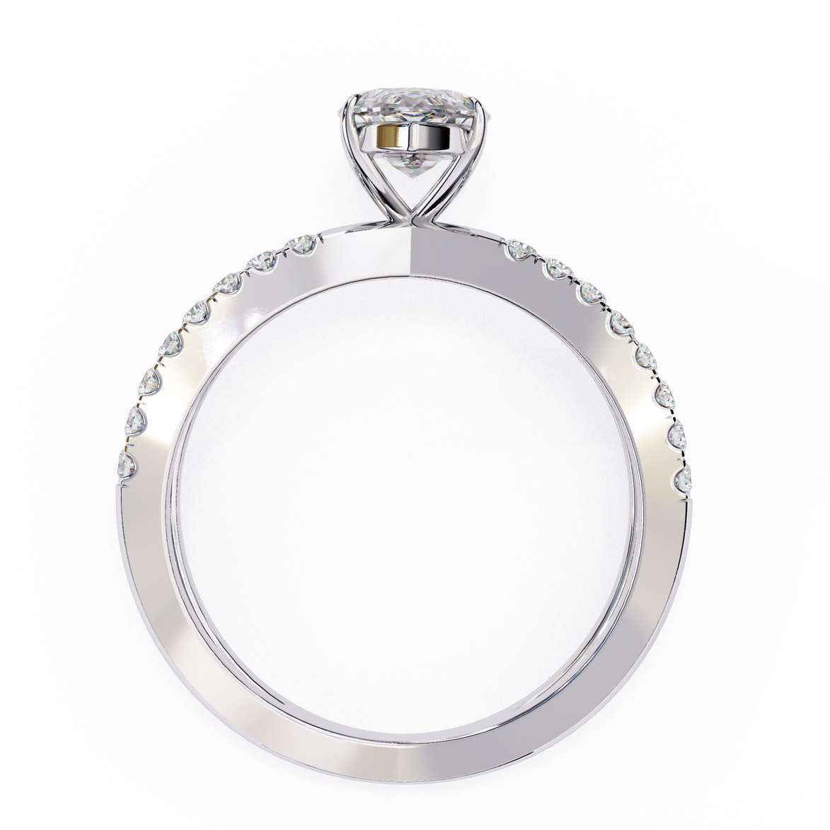 Silver ring with a clear gemstone on a white background