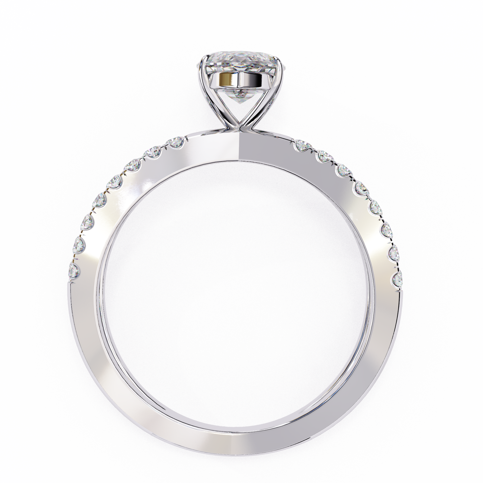Silver ring with a clear gemstone on a white background